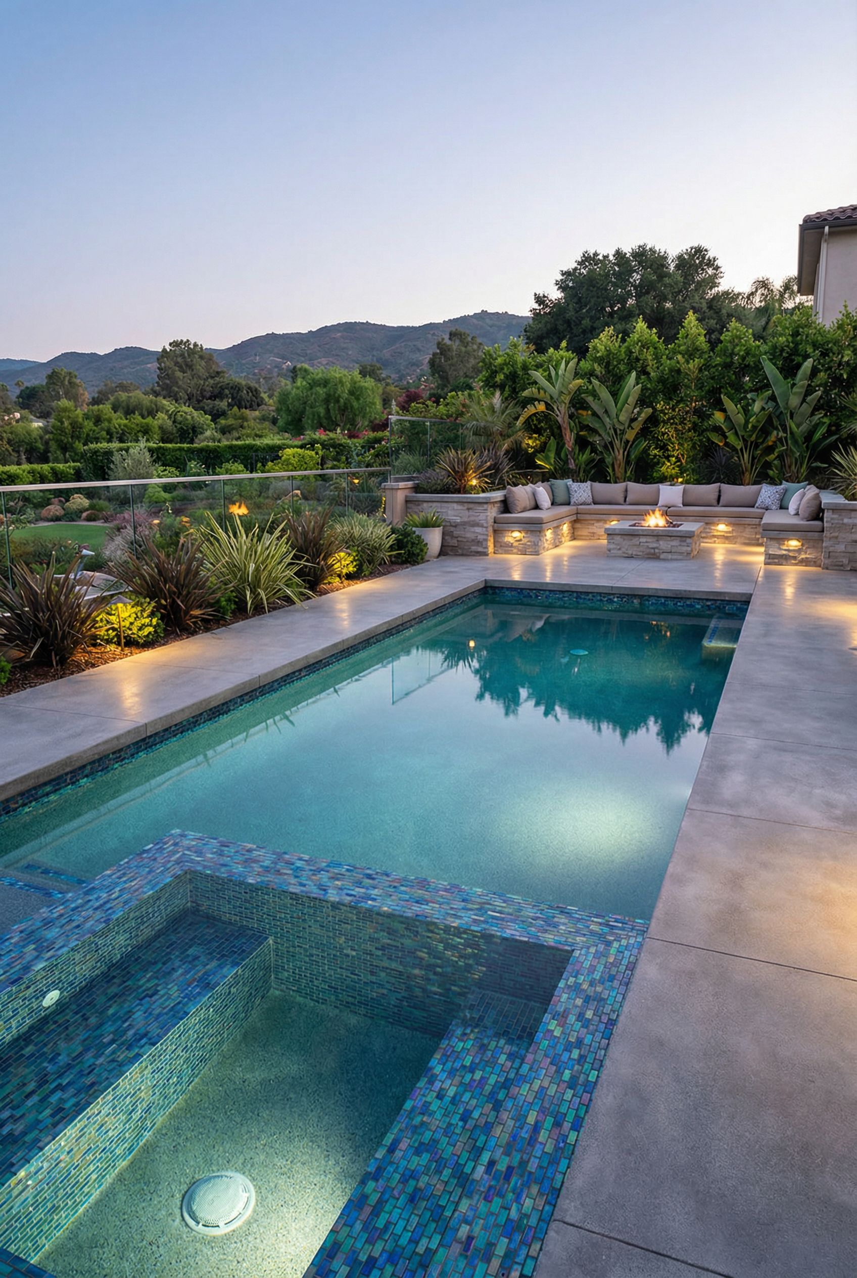 Contemporary Glass-Tile Luxury Backyard Pool
