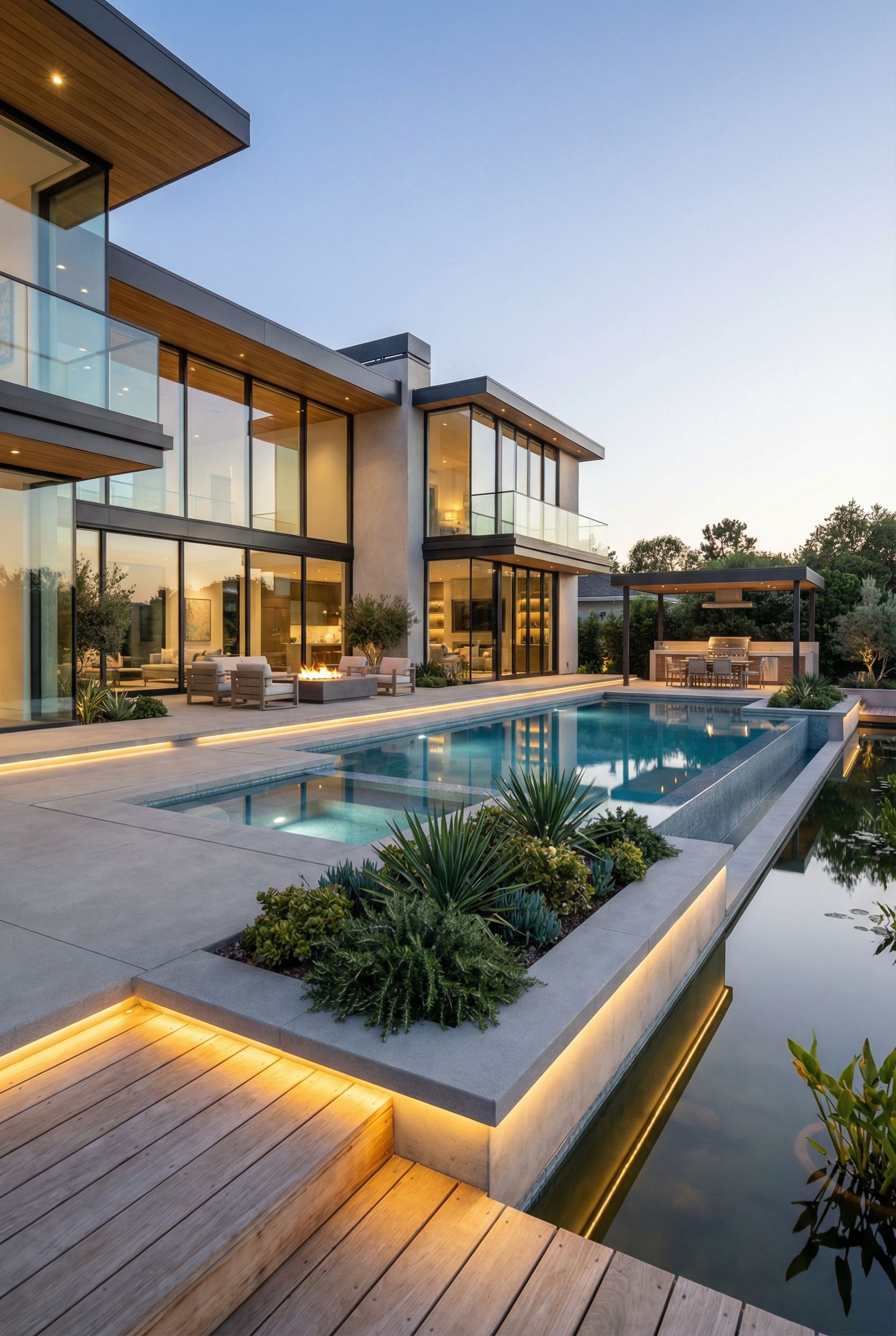 Contemporary Glass-Walled Luxury Backyard with Pool
