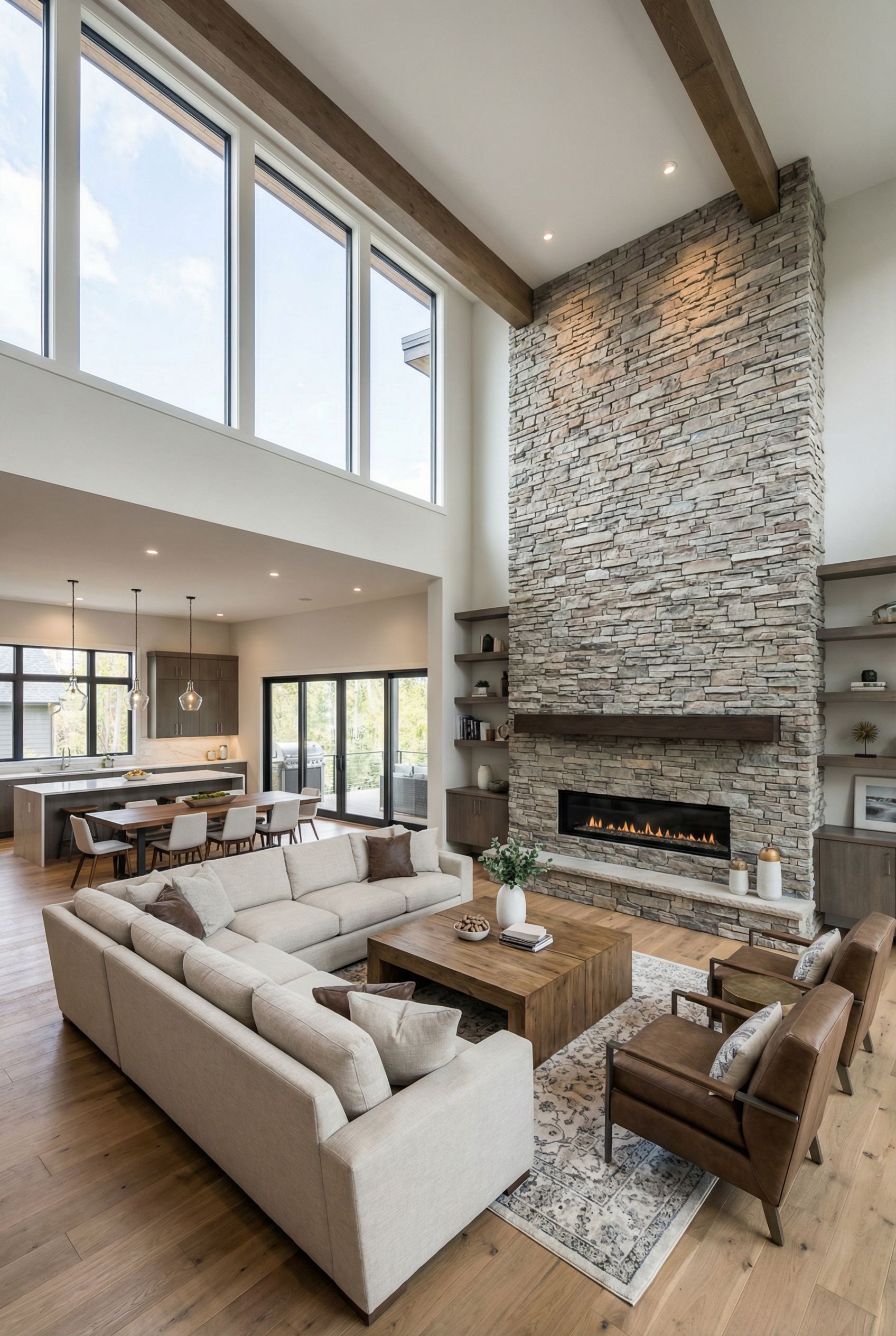 Contemporary Luxury Great Room with Custom Stone Fireplace