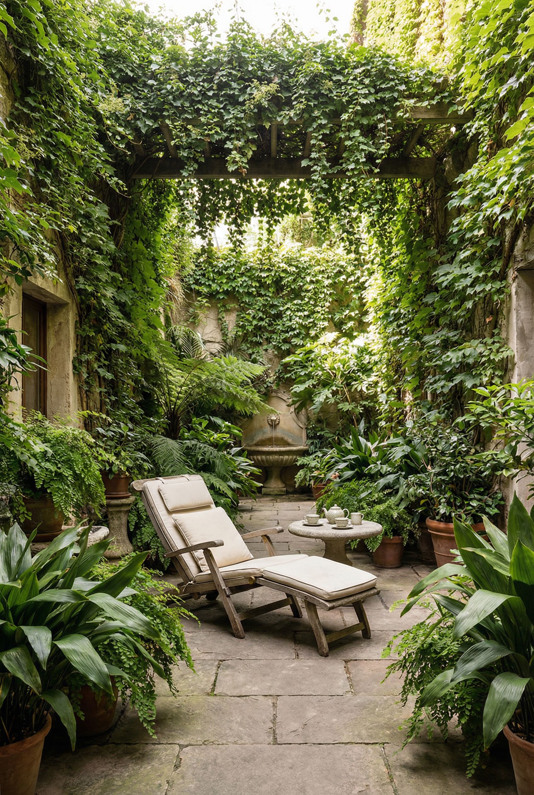 Courtyard completely embraced by greenery, creating a cocoon-like outdoor relaxation space