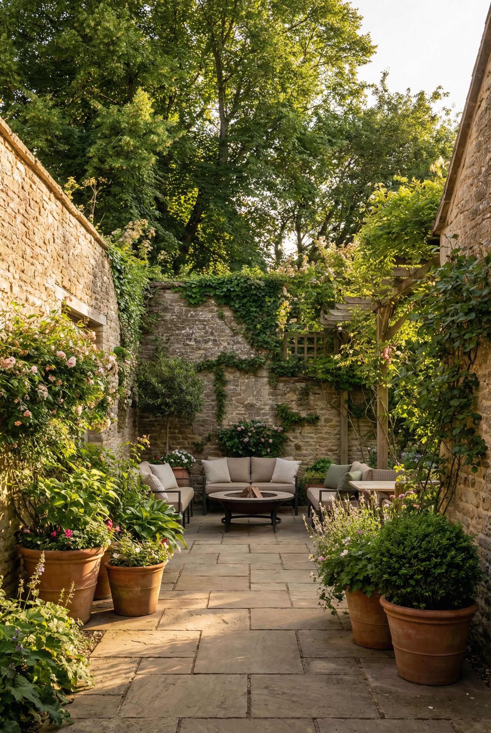 Cozy courtyard encircled by rustic stone walls and dense landscaping for total seclusion