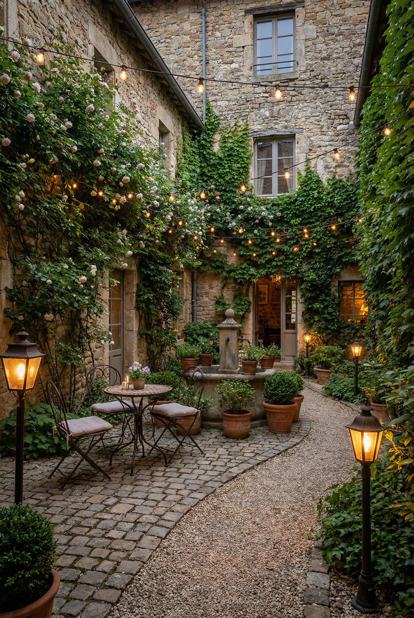 Cozy enclosed courtyard with vine-covered walls, bistro seating and lantern-lit pathways