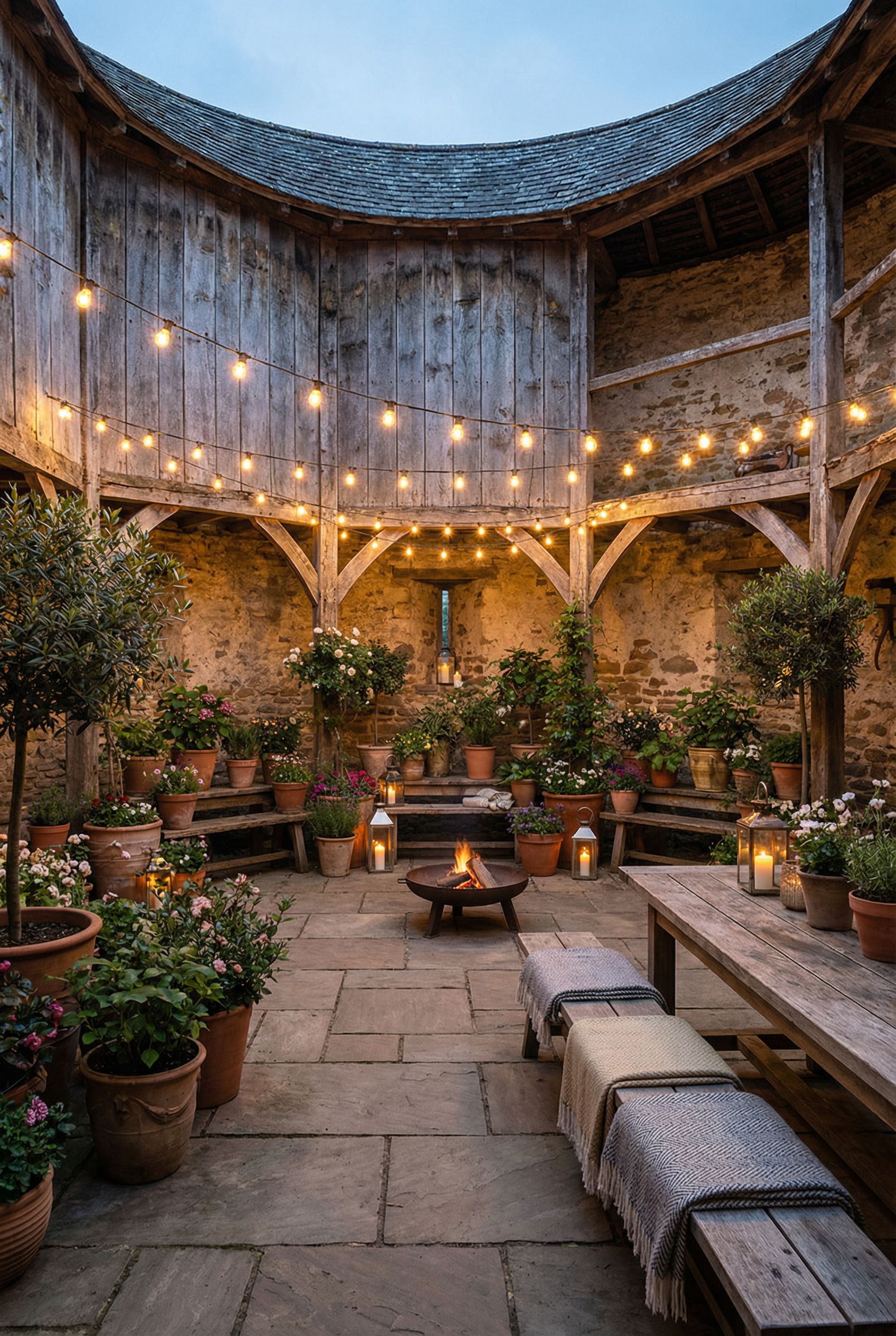 Cozy full-surround courtyard blending rustic textures, potted gardens and ambient illumination