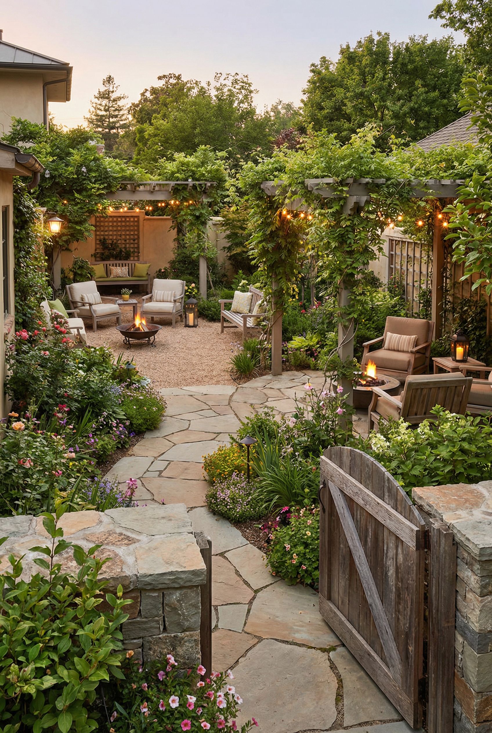 Cozy full-surround courtyard with wraparound garden paths and intimate seating zones