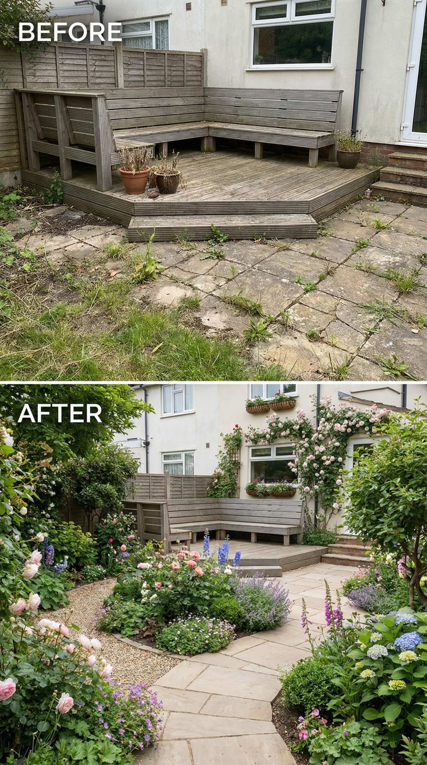 Cracked Patio Slabs → Cozy Fire Pit Gathering Space