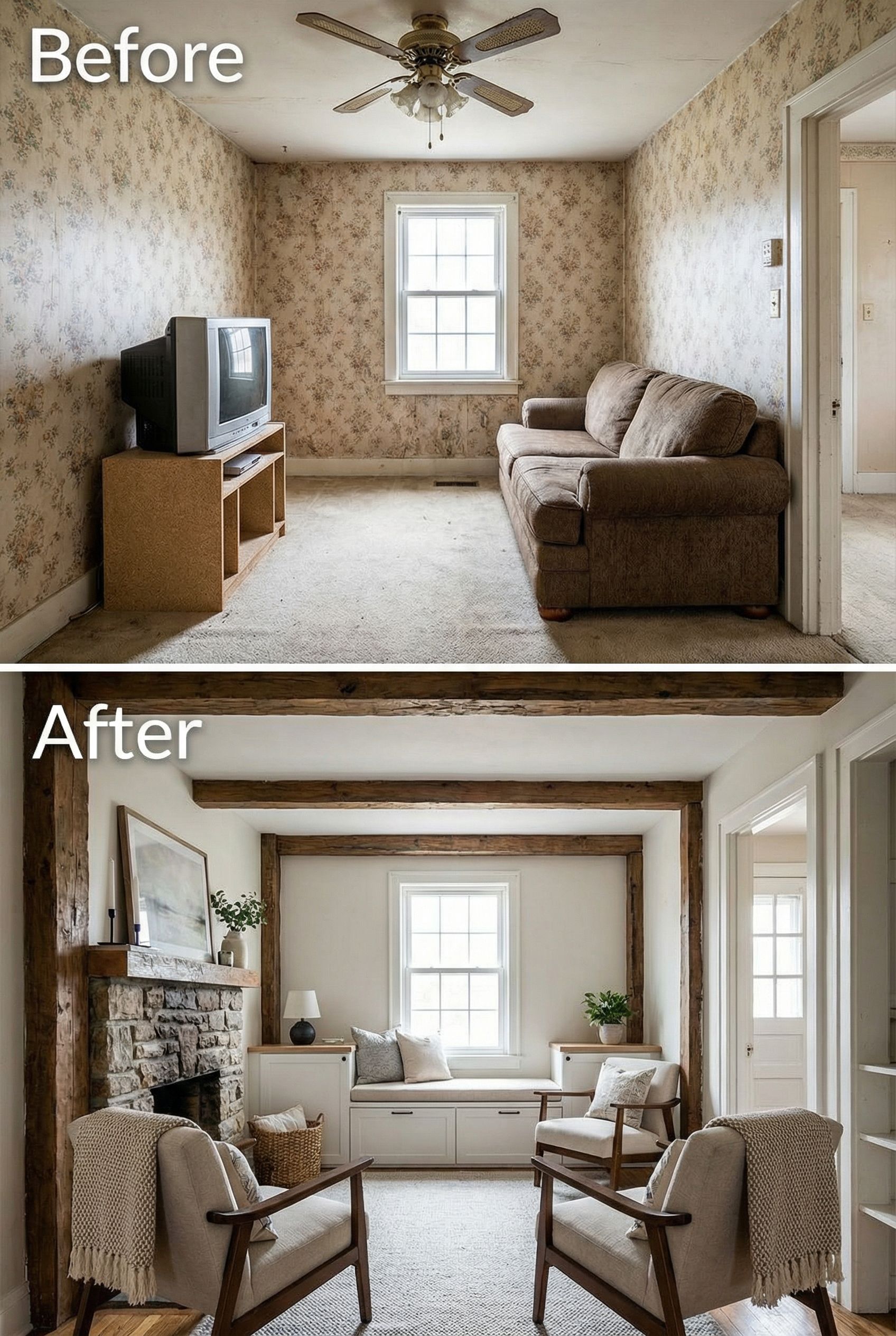 Cramped Dated Living Room to Chalet Rustic Haven with Clever Furniture Placement