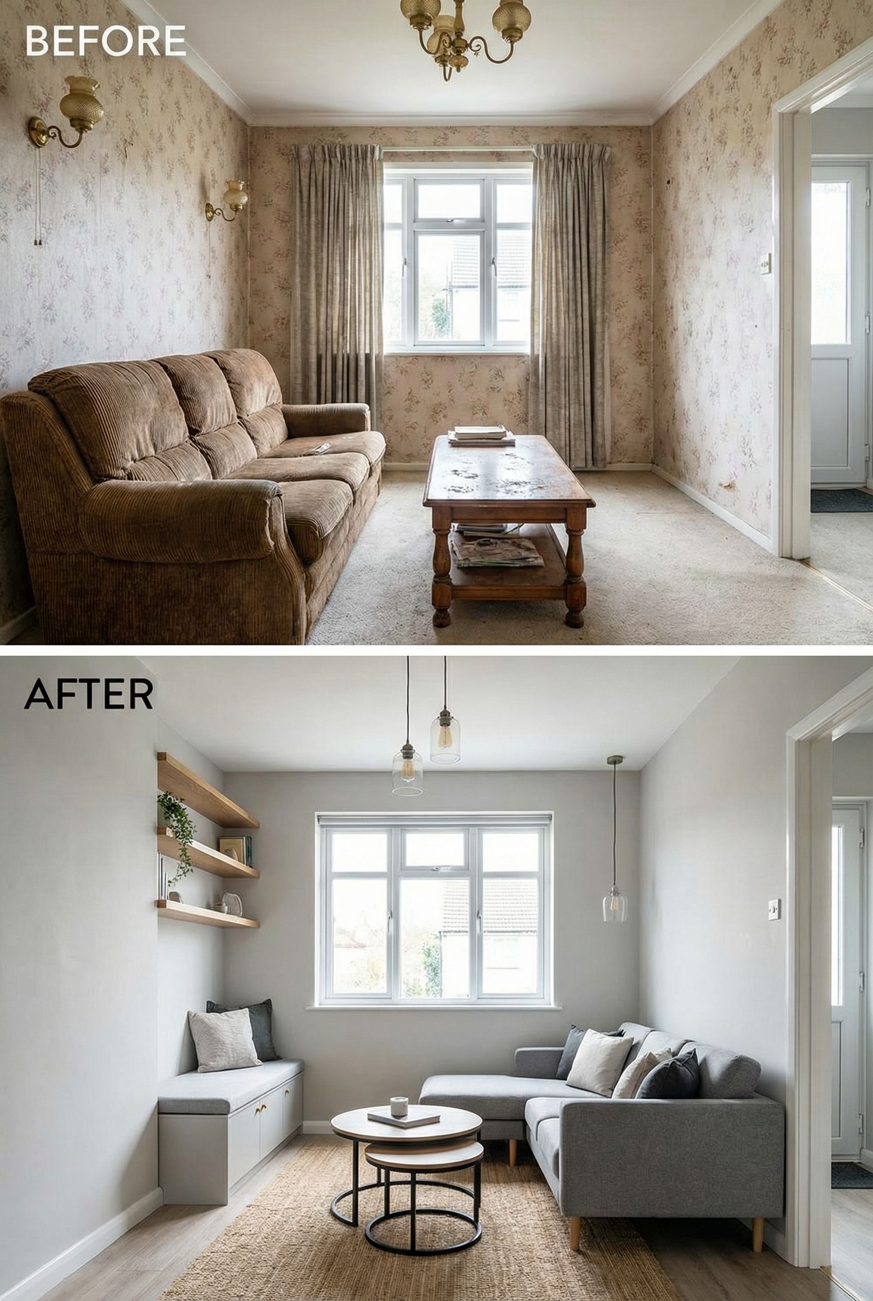 Cramped Dated Living Room to Cozy Rustic Retreat with Space-Saving Seating