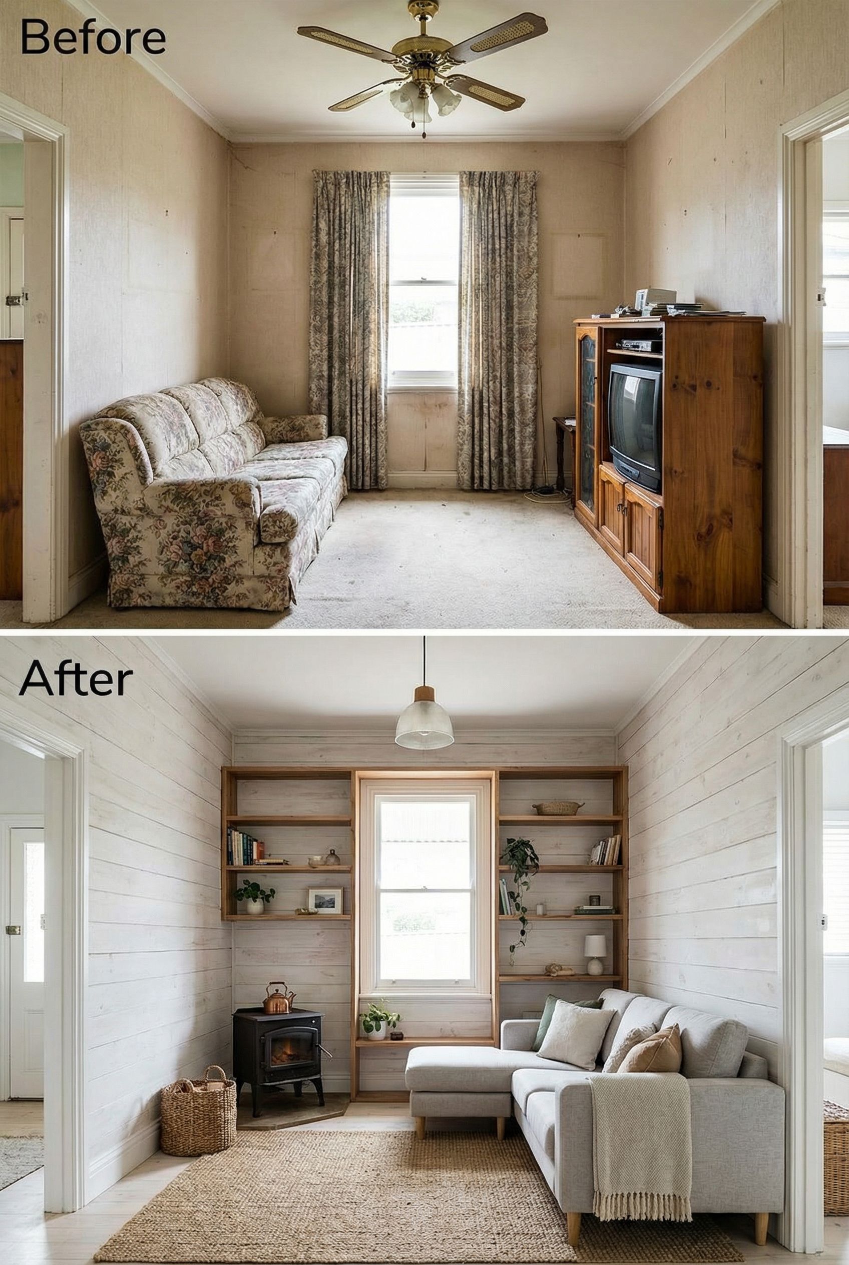 Cramped Dated Living Room to Rustic Cozy Setup with Space-Saving Storage Ideas