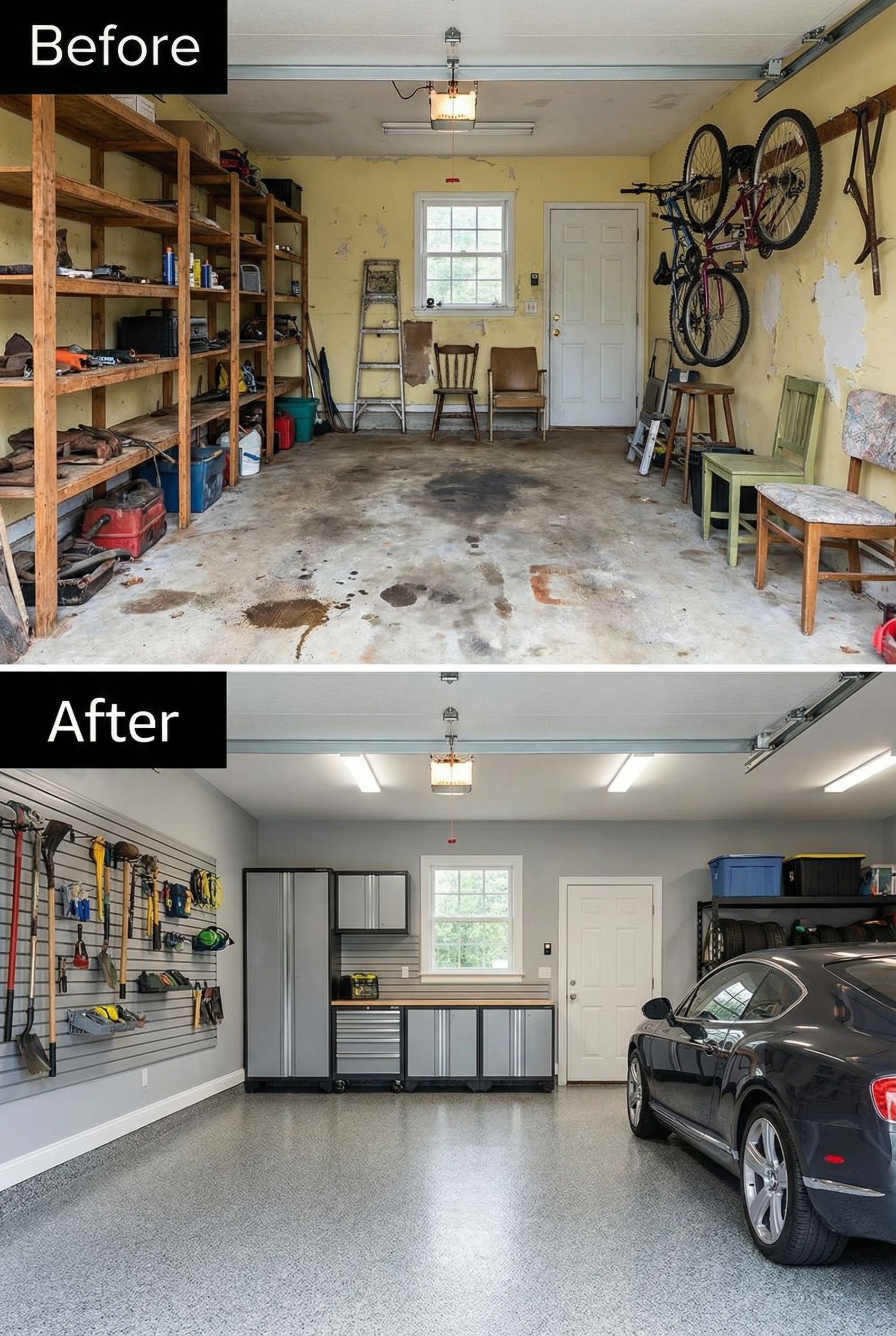 Dark Concrete Garage → Bright White Organized Space