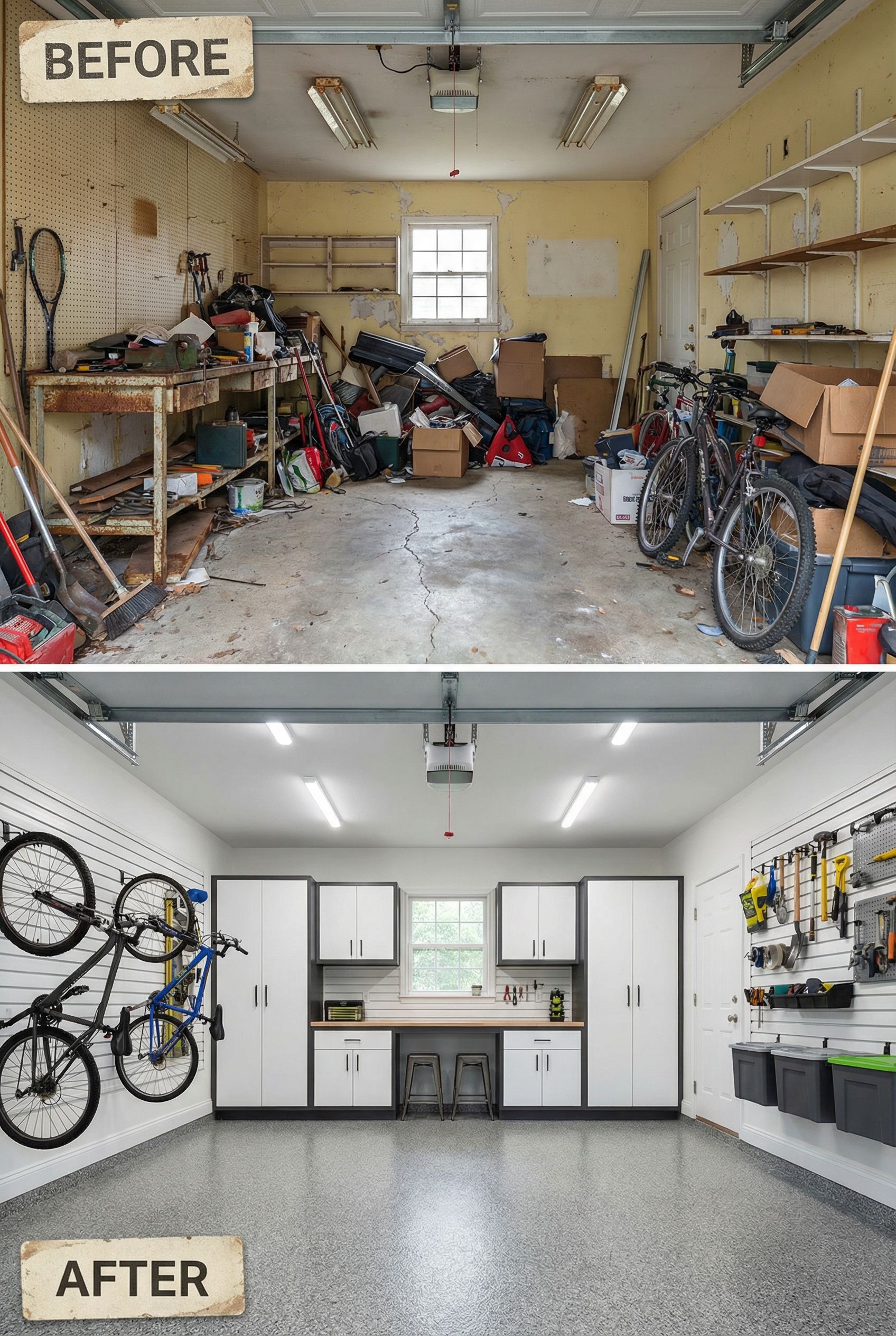 Dark Unfinished Garage → Bright Epoxy Floor Fitness Studio