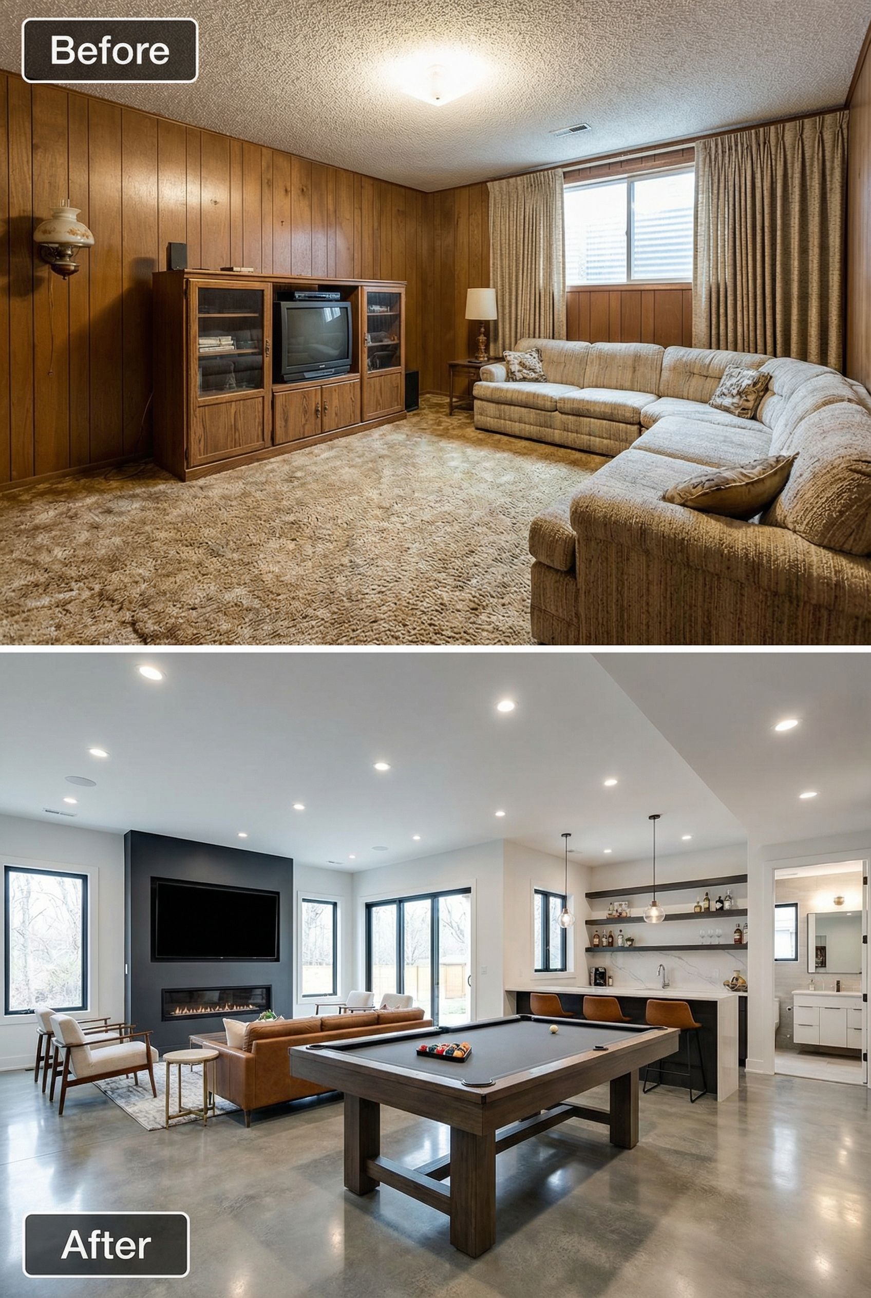 Dated basement to bright open TV area with marble bar