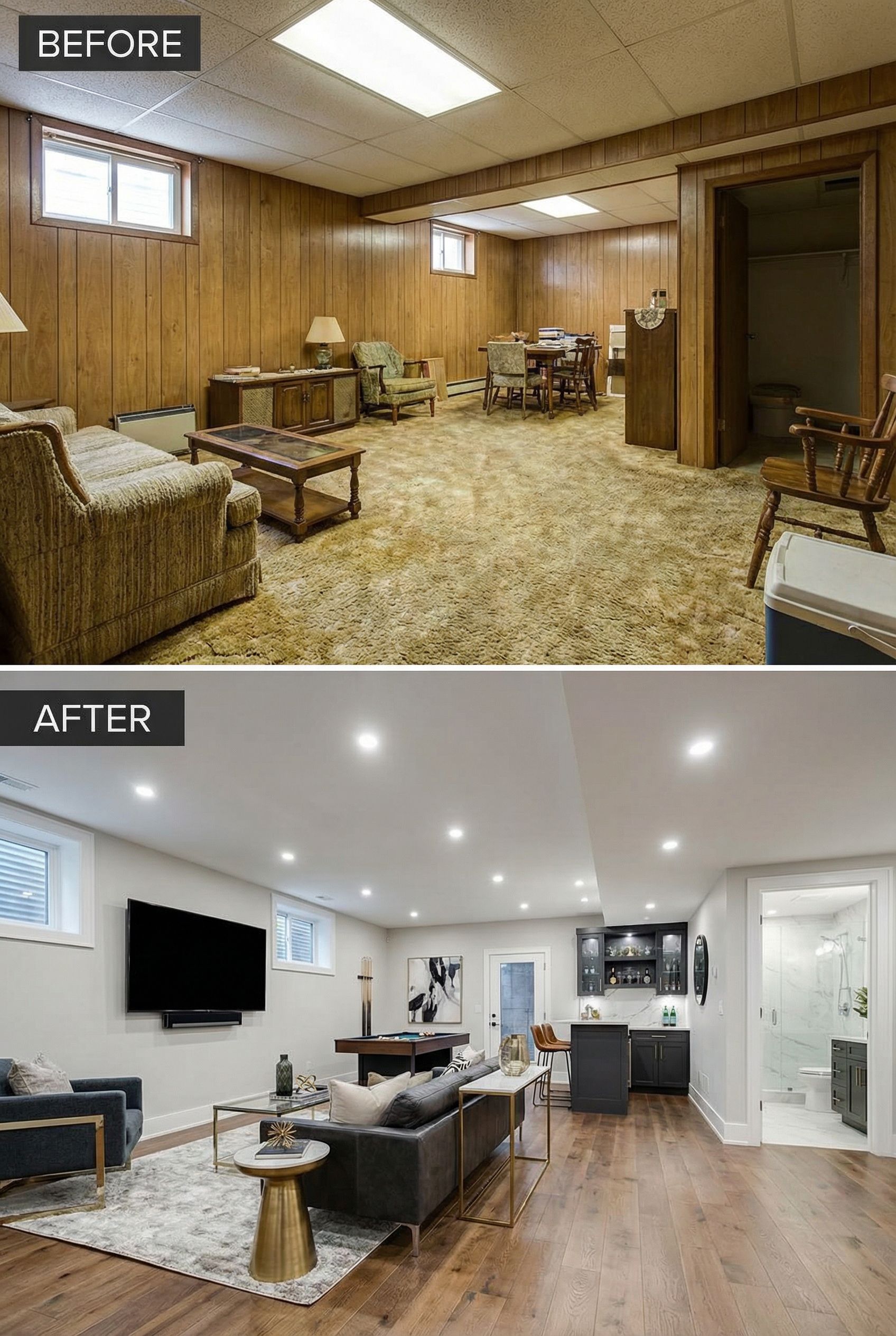 Dated basement to designer media wall and cocktail bar