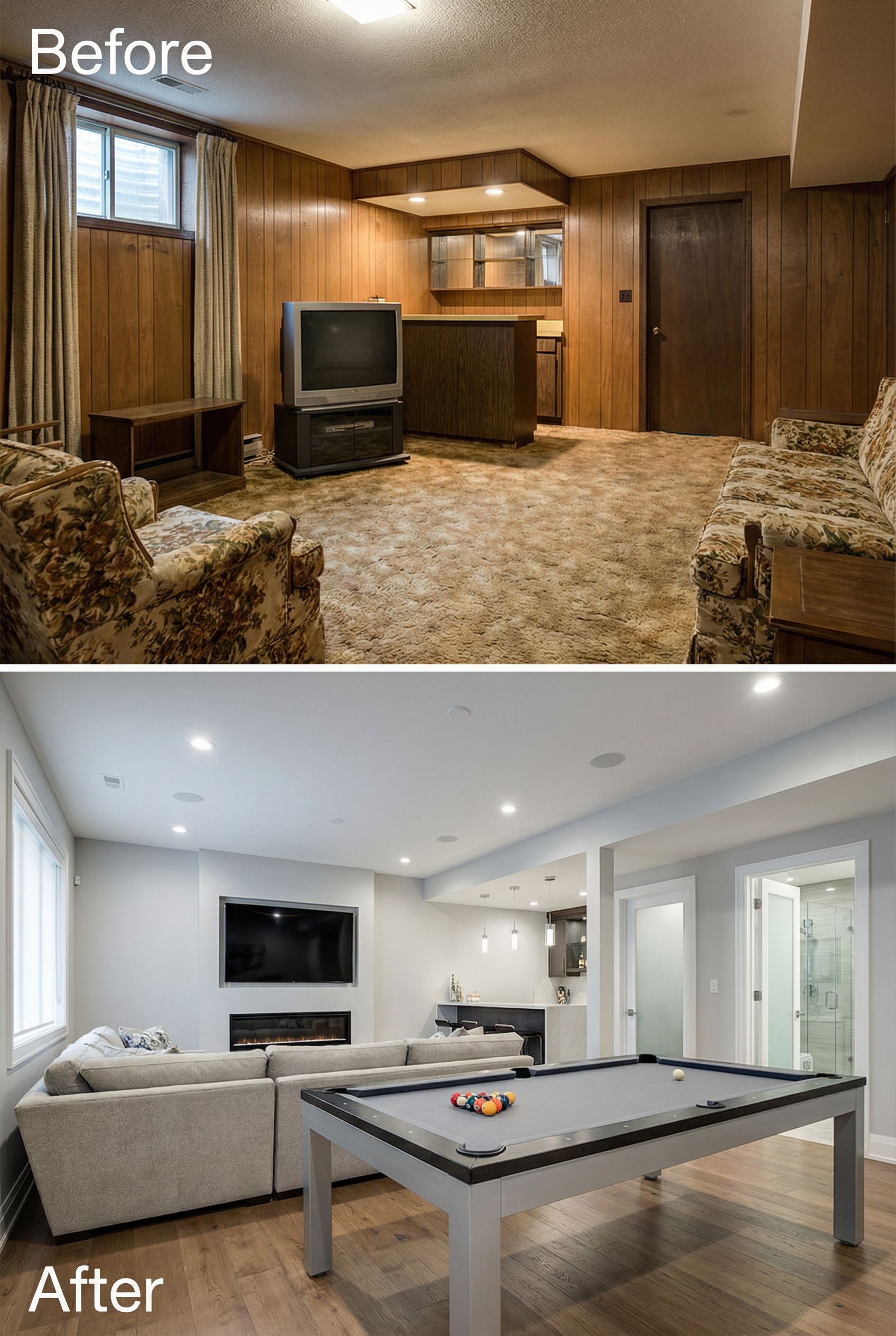 Dated basement to dream-level TV, game, and bar space