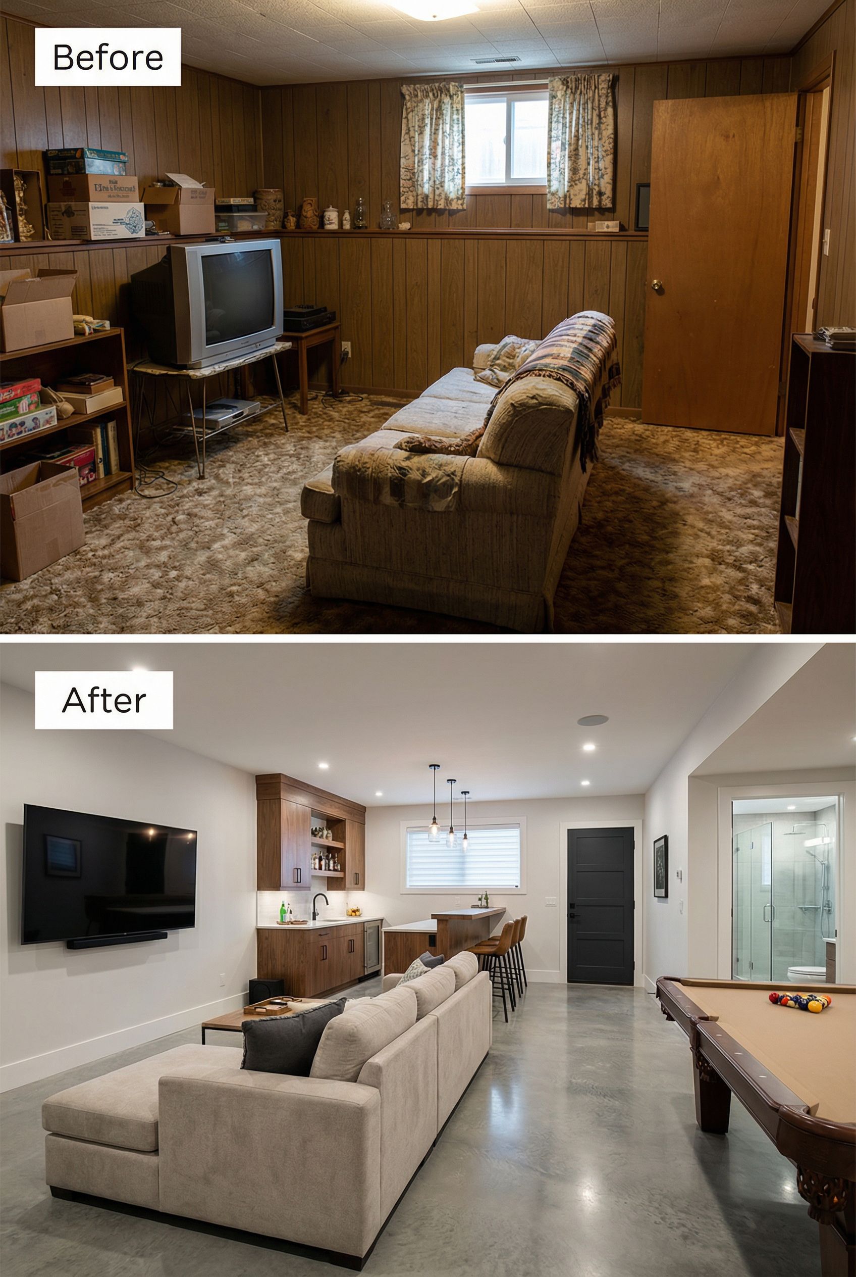 Dated basement to elegant TV zone with custom wet bar