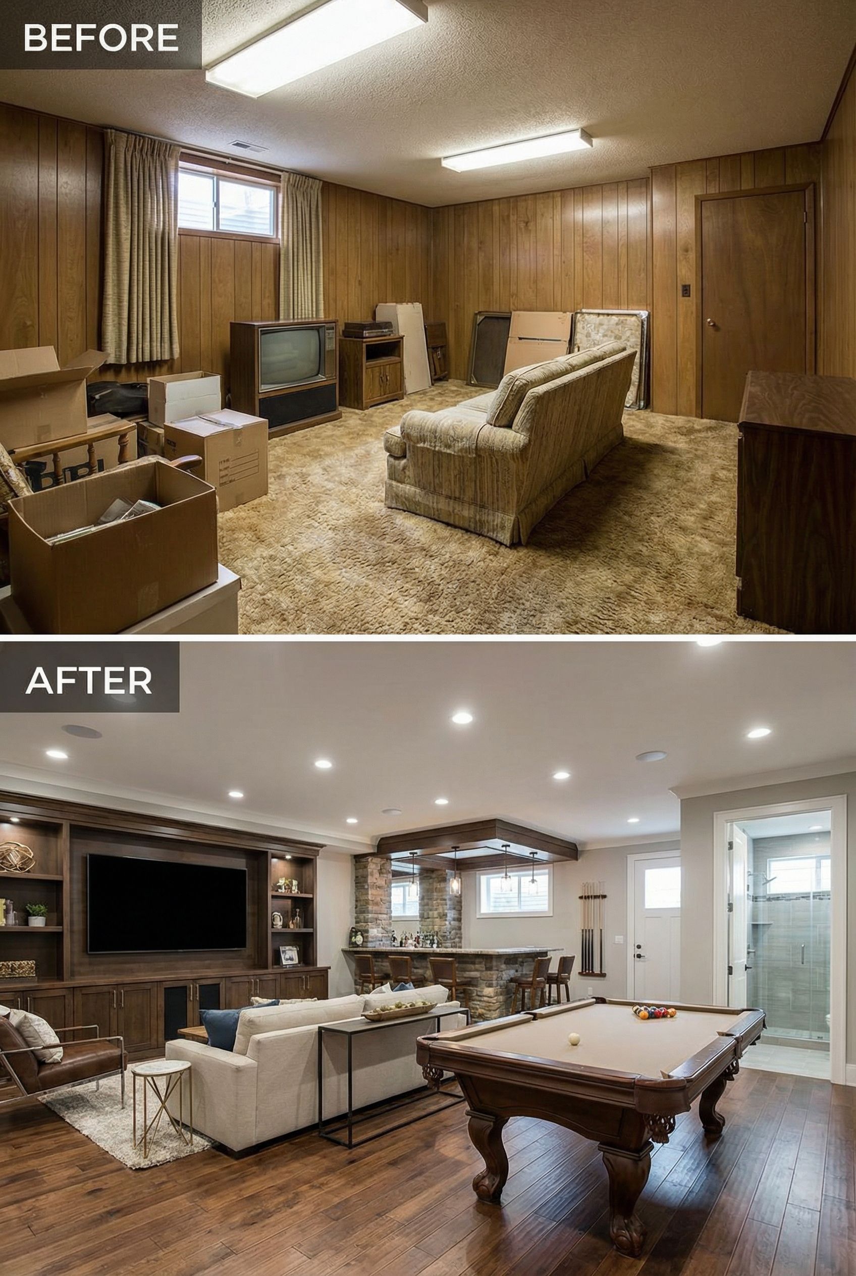 Dated basement to entertainment hub with bar and bath