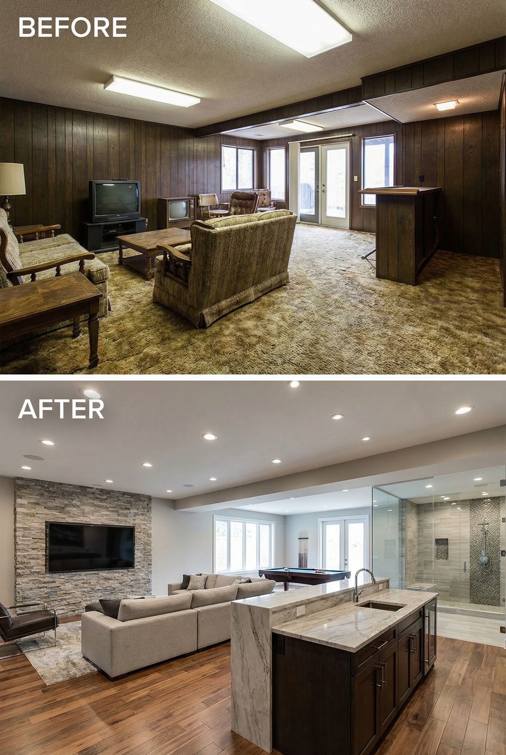 Dated basement to luxury open TV lounge and sleek bar