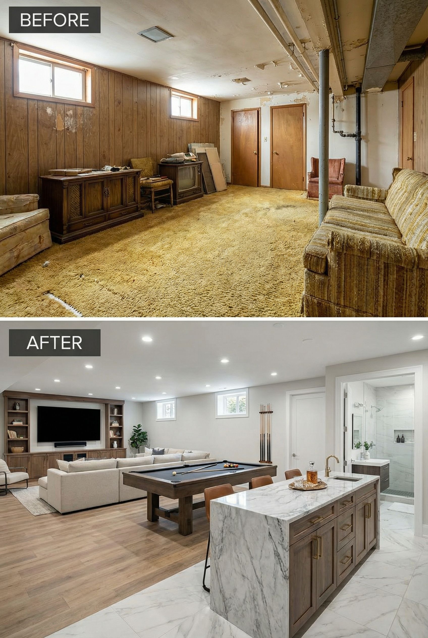 Dated basement to modern game area with upscale bar