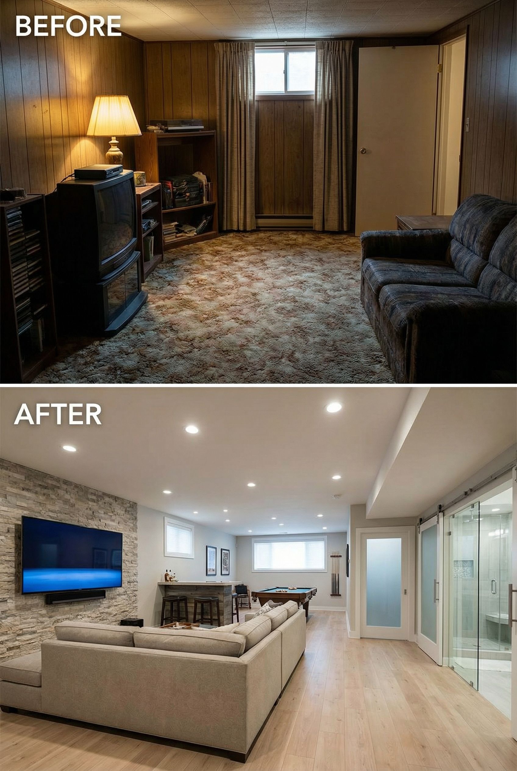 Dated basement to modern lounge with bar and game tables