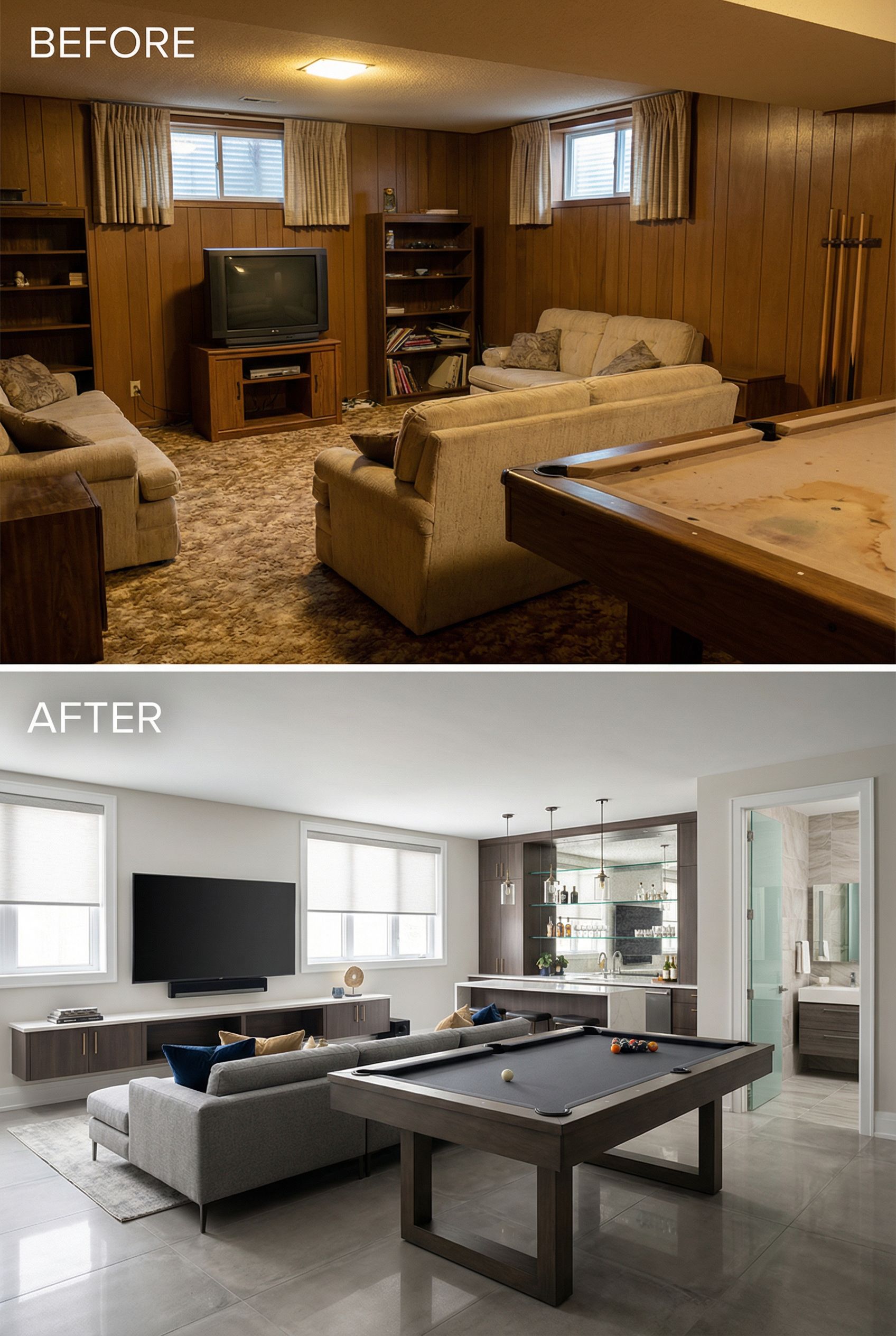 Dated basement to open-concept media room and chic bar