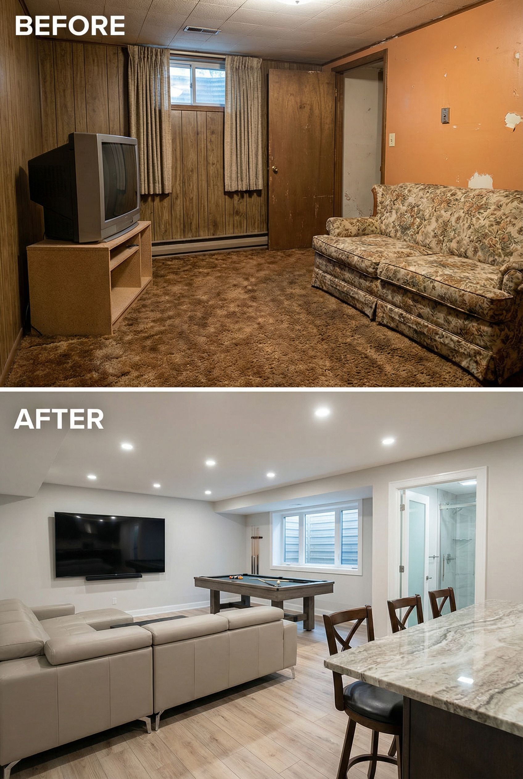 Dated basement to open entertainment suite with bar