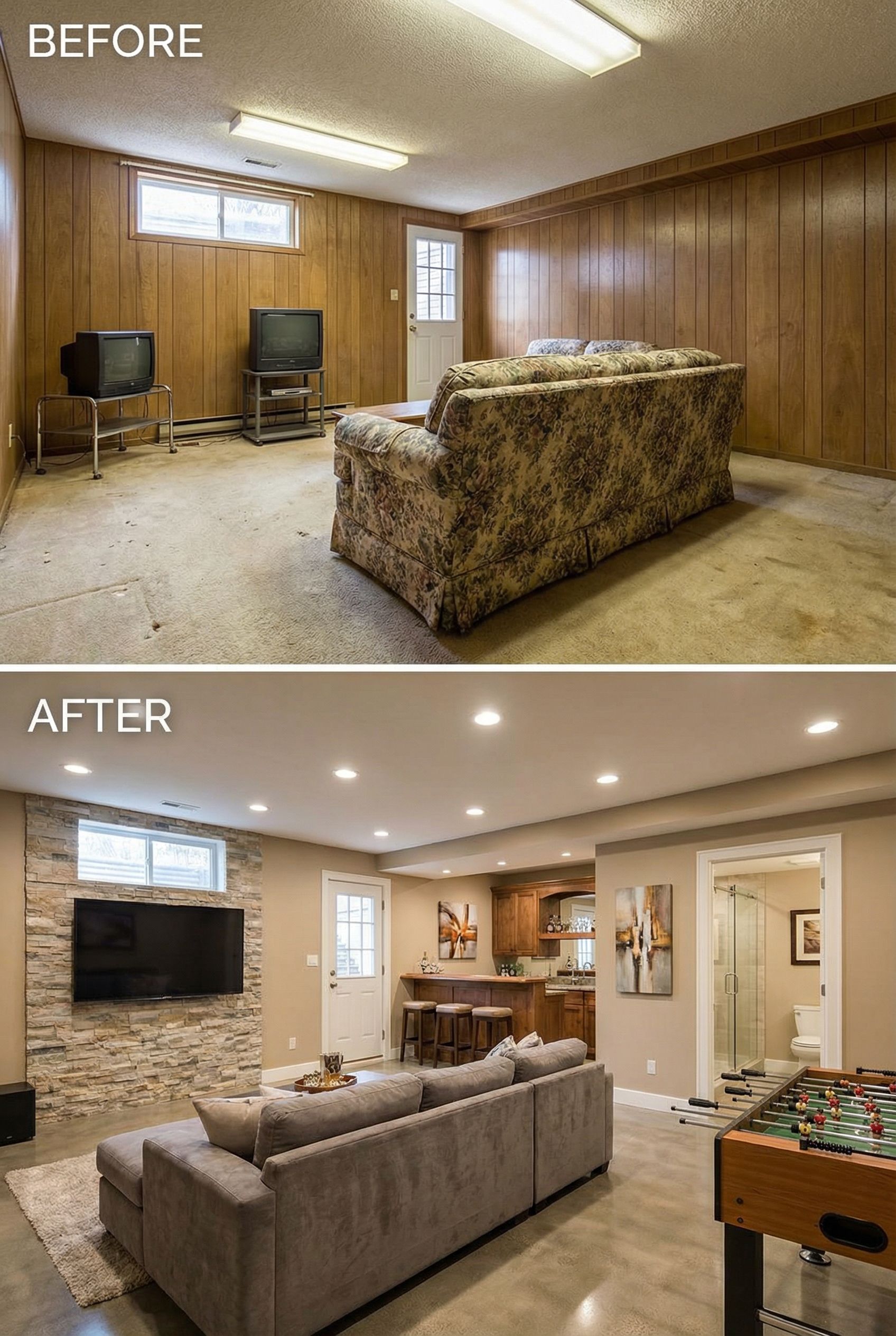 Dated basement to open rec space with polished bar