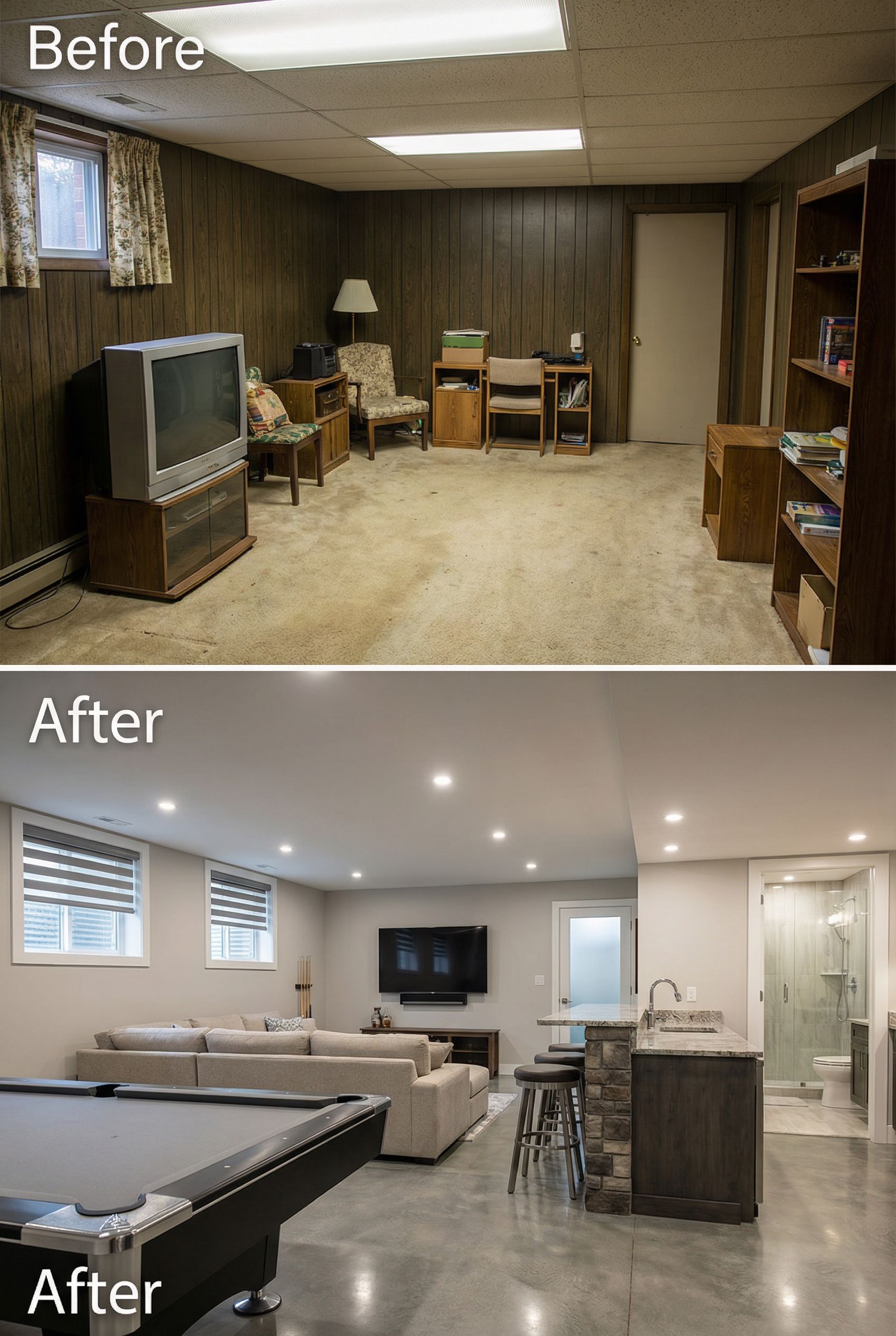 Dated basement to stylish game lounge with statement bar