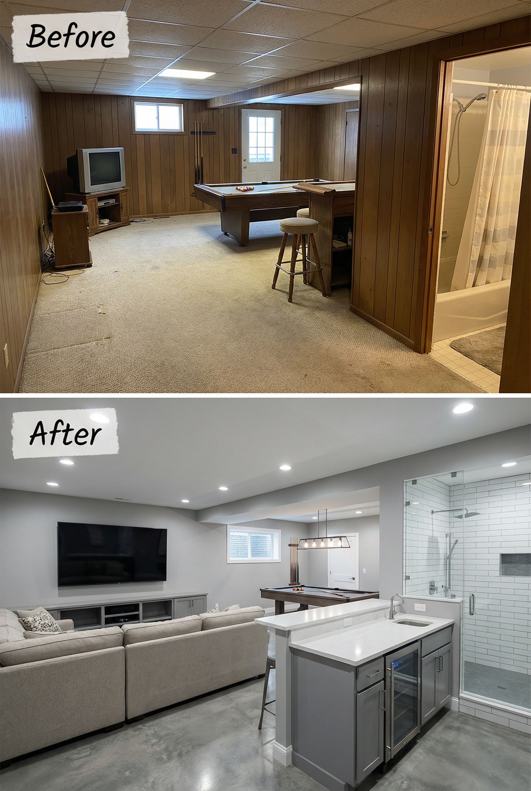 Dated basement to theater-style TV zone and wet bar