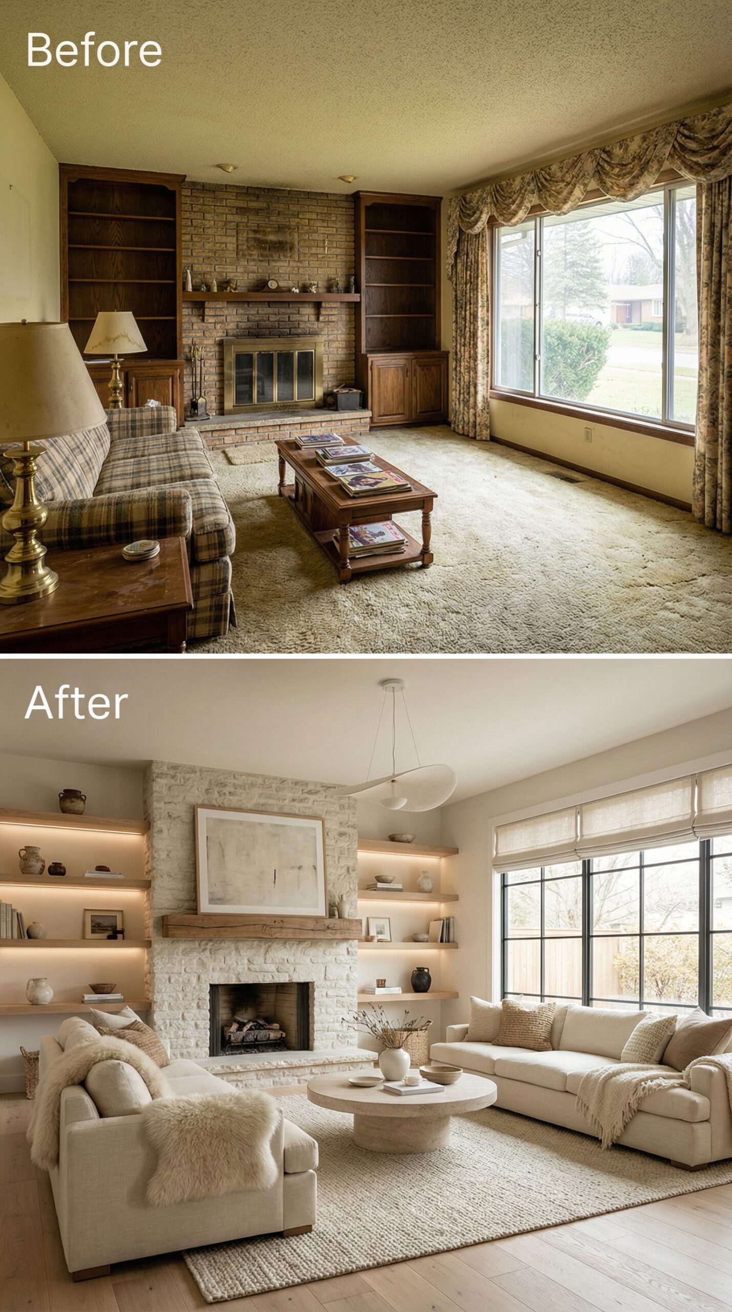 Dated Carpet Living Room → Refined Hardwood Retreat