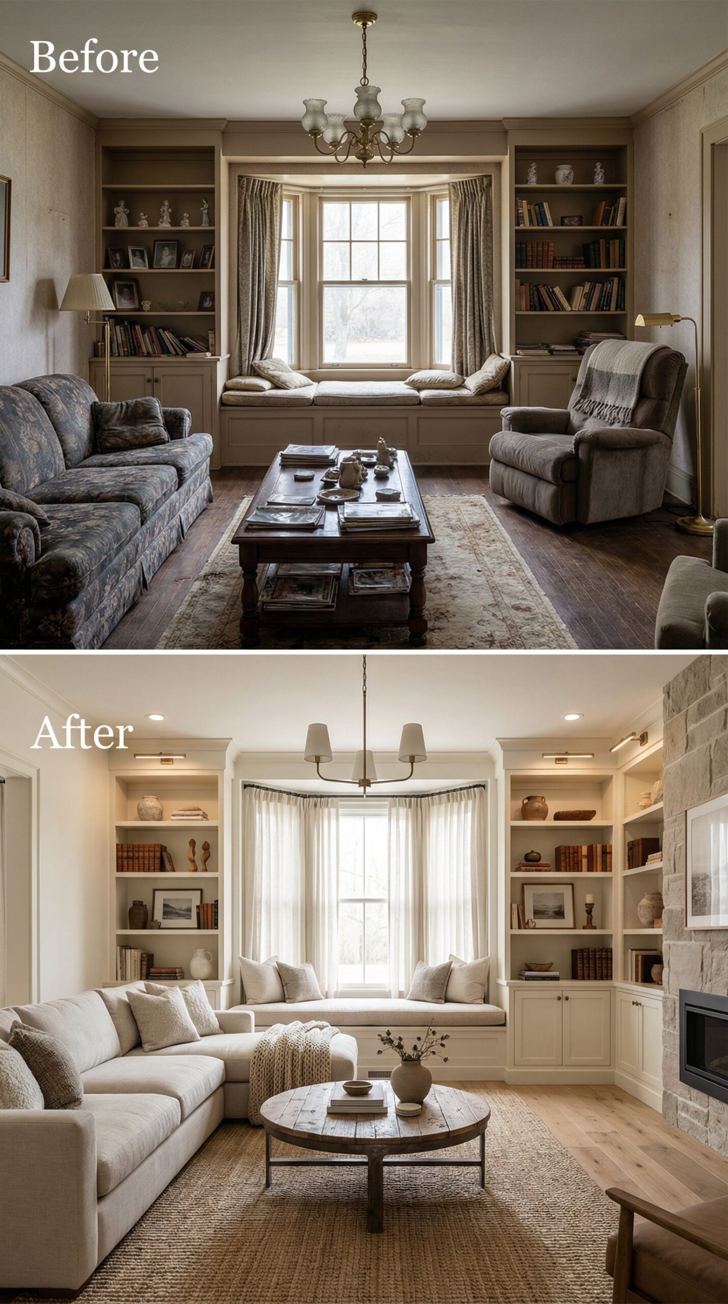 Dated Ceiling Fan Living Room → Refined Architectural Space