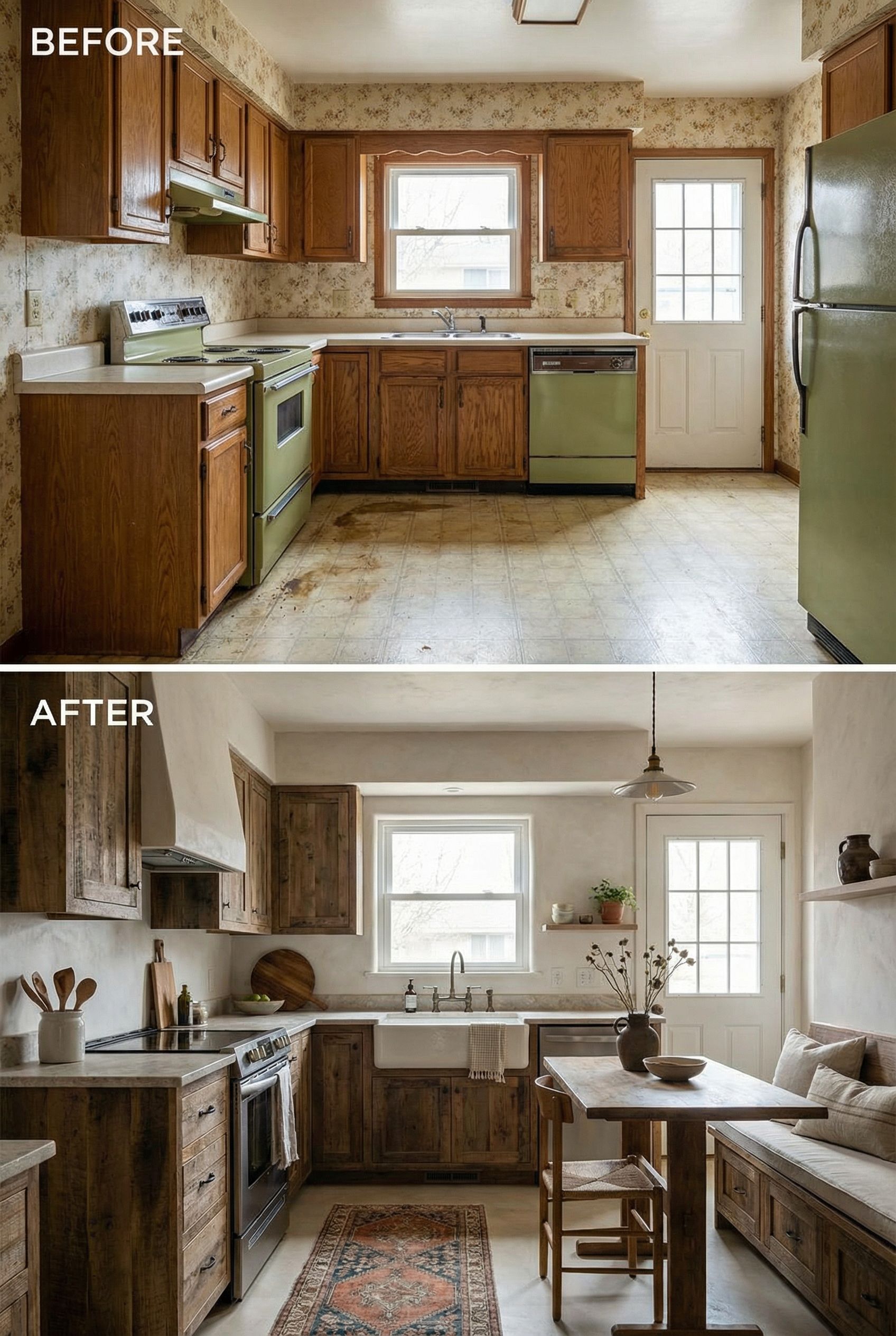 Dated Fluorescent Kitchen → Soft Wabi Sabi with Natural Light