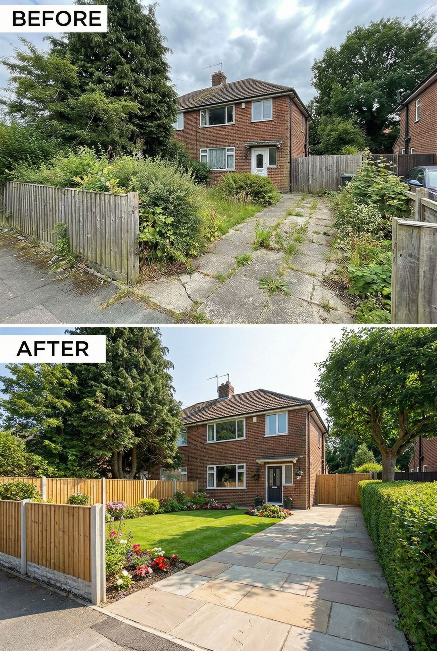 Dated Formal Garden → Relaxed Coastal Cottage Landscape