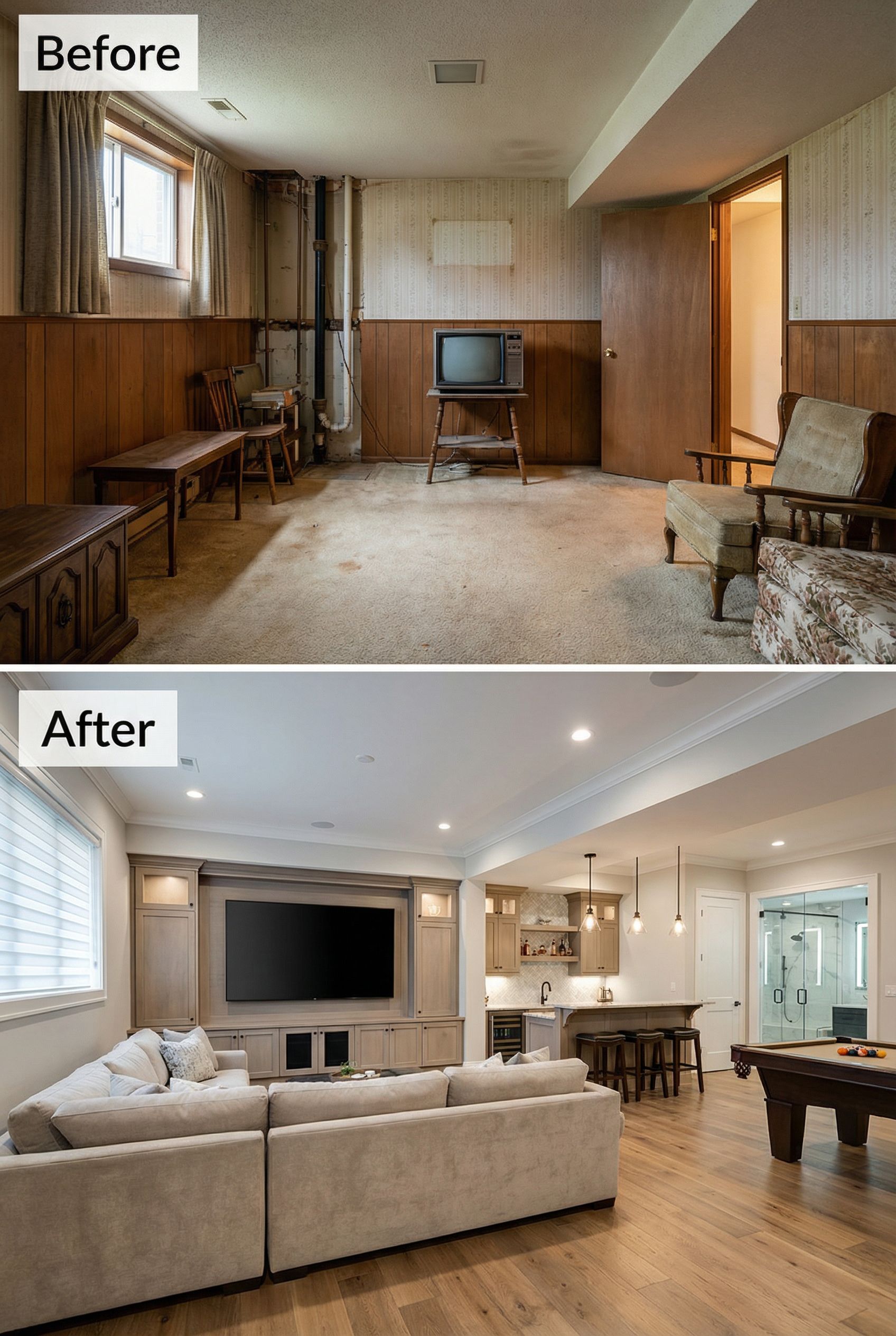 Dated Pine Paneling โ Elegant Contemporary Entertainment Space