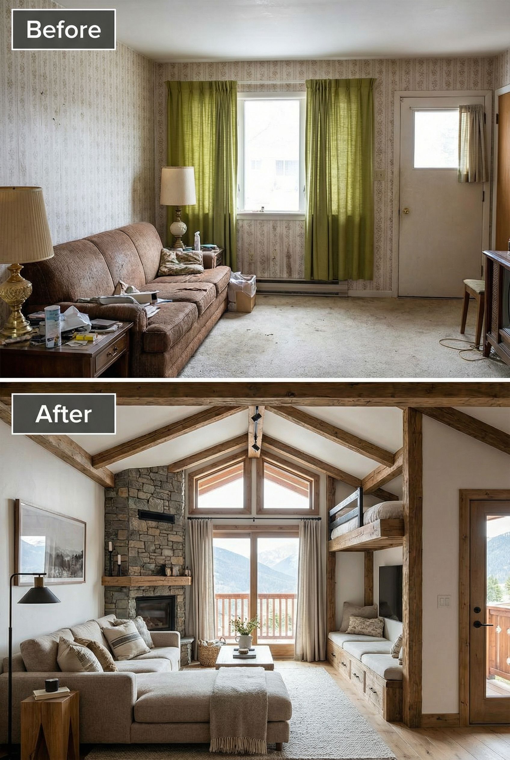 Dated Small Living Room to Cozy Chalet Rustic Retreat Using Multi-Use Furniture