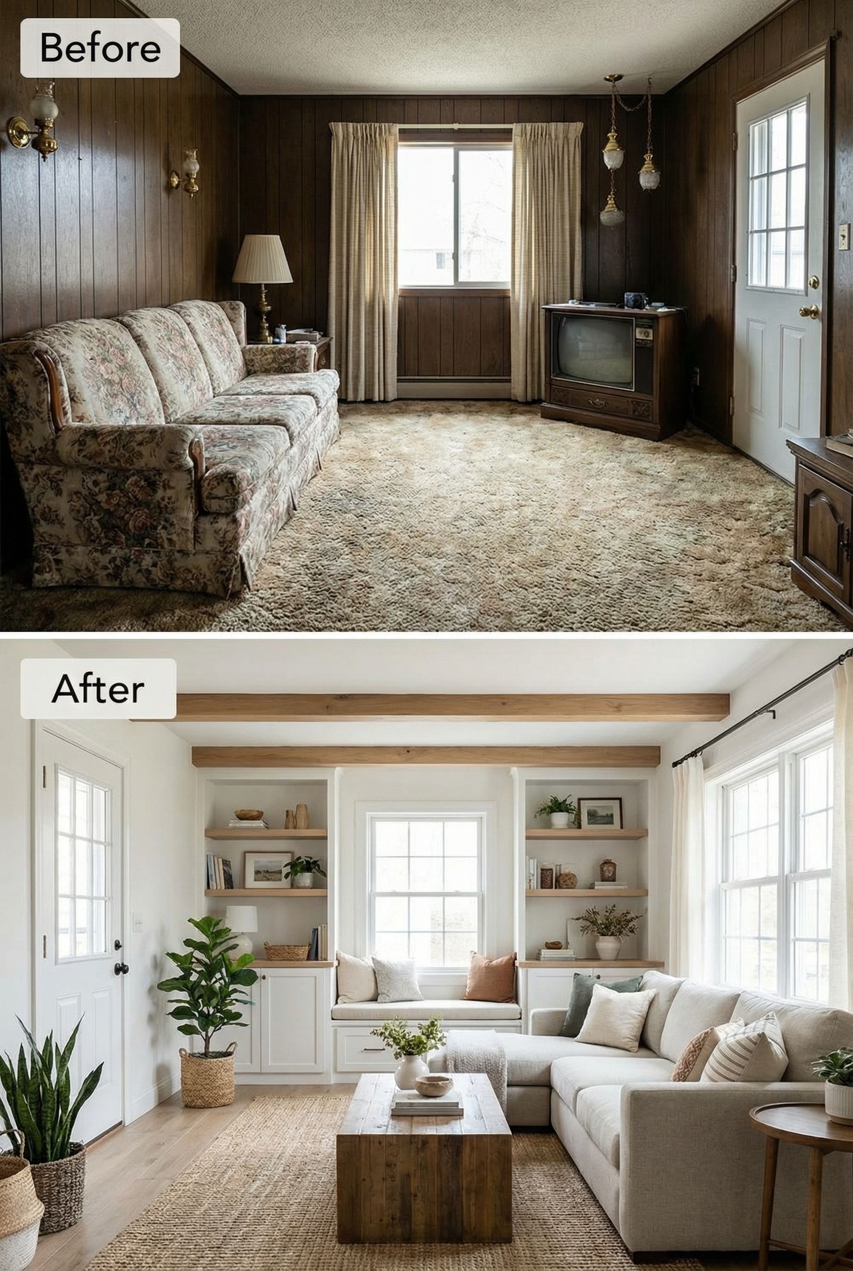 Dated Small Living Room to Warm Rustic Style with Clever Space-Saving Solutions