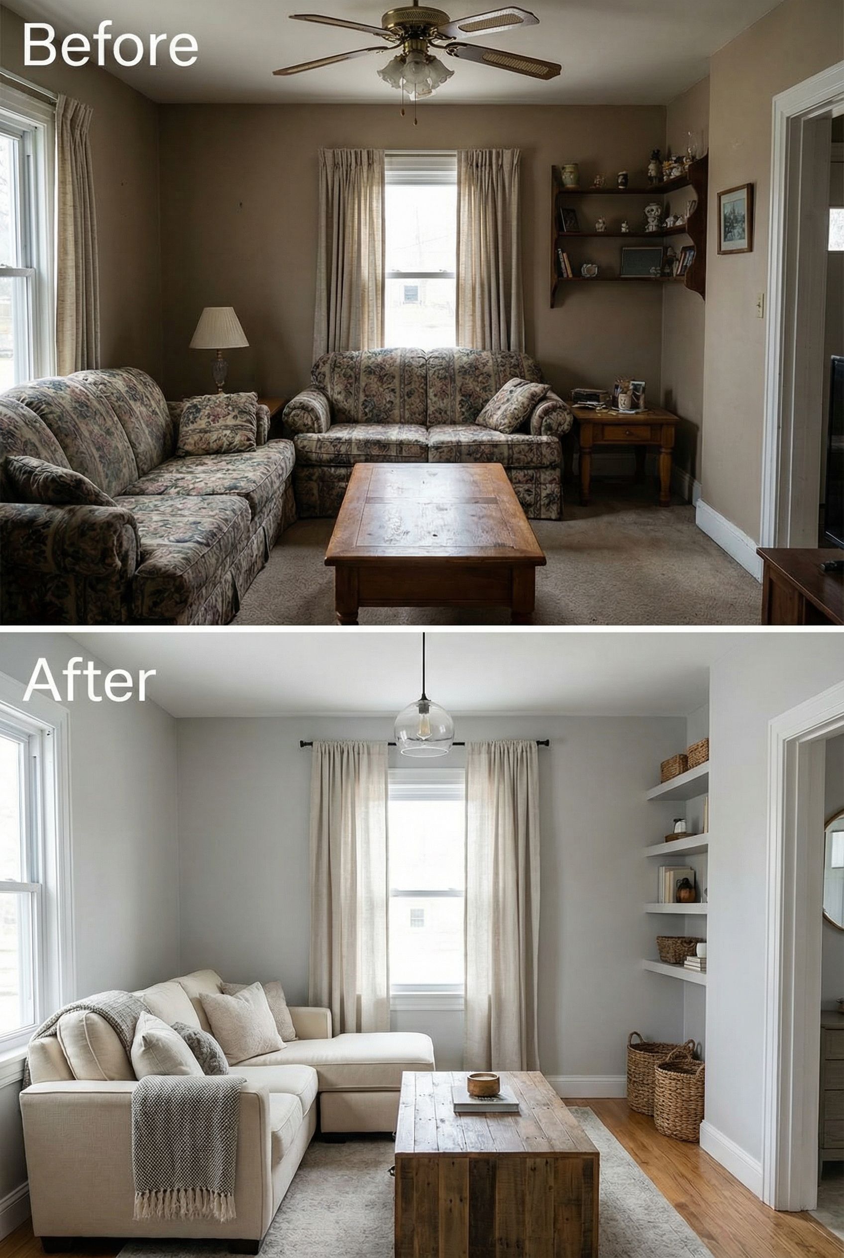 Dated Small Living Room to Warm Rustic Style with Space-Saving Multipurpose Pieces