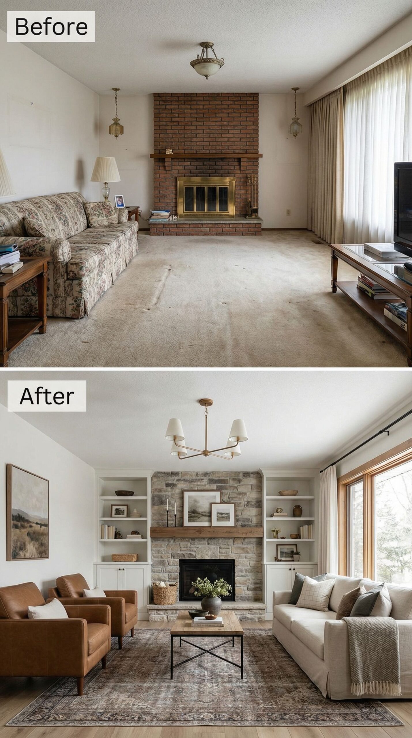 Dated Wood Paneled Living Room → Refined Rustic Elegance