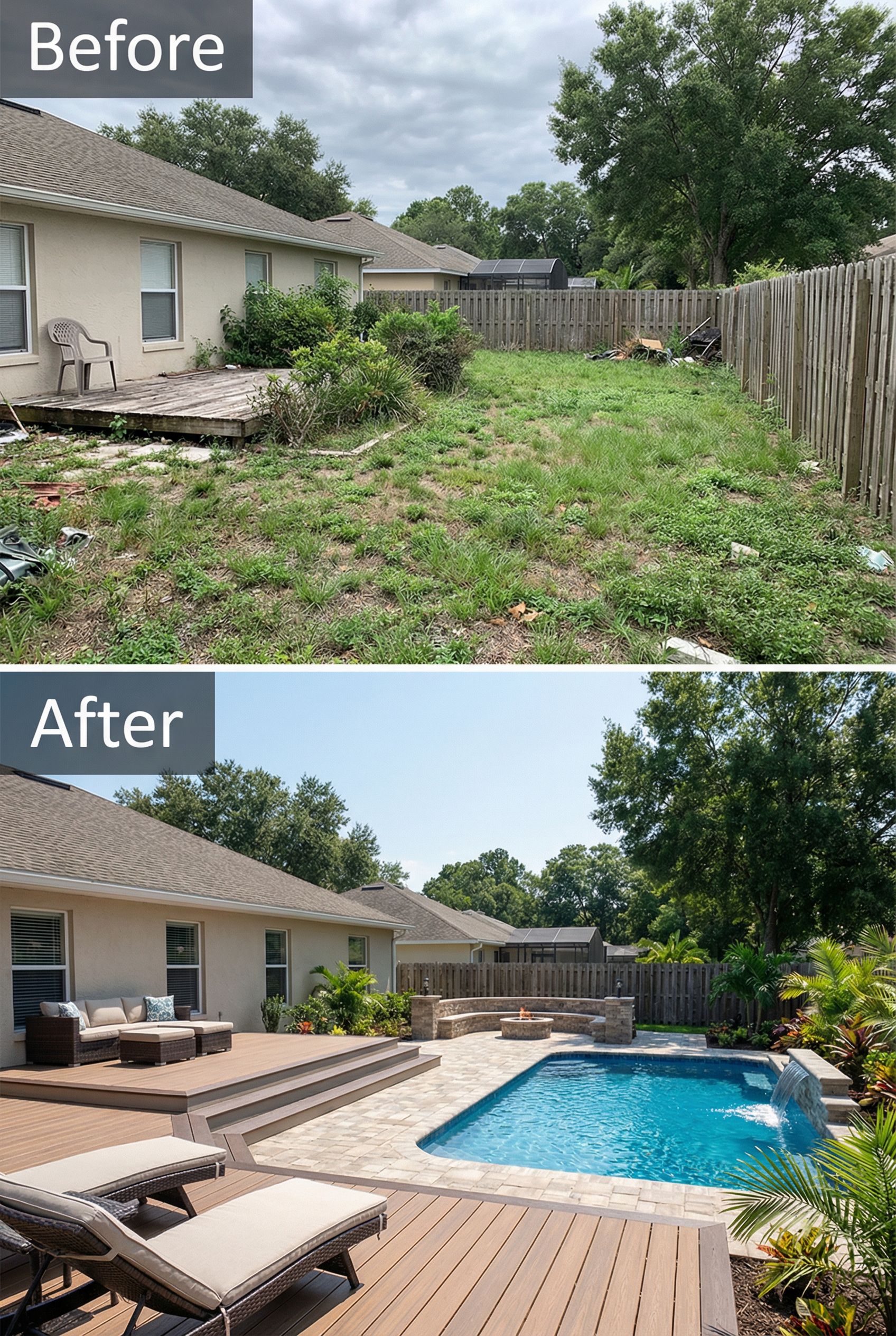 Dead Grass Backyard → Drought-Resistant Xeriscape Design