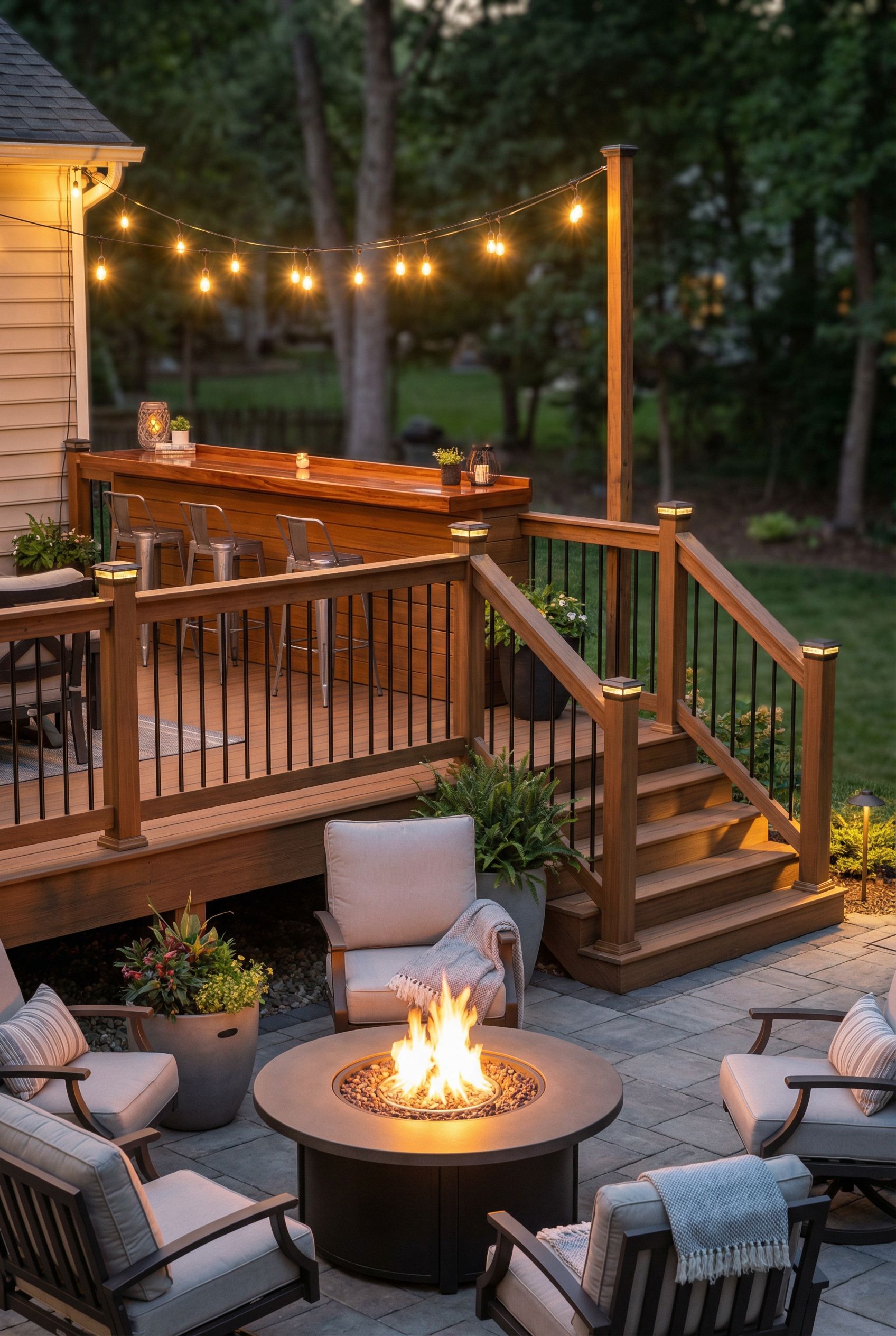 Deck with Bar Counter on Top Level and Fire Pit on Lower Level