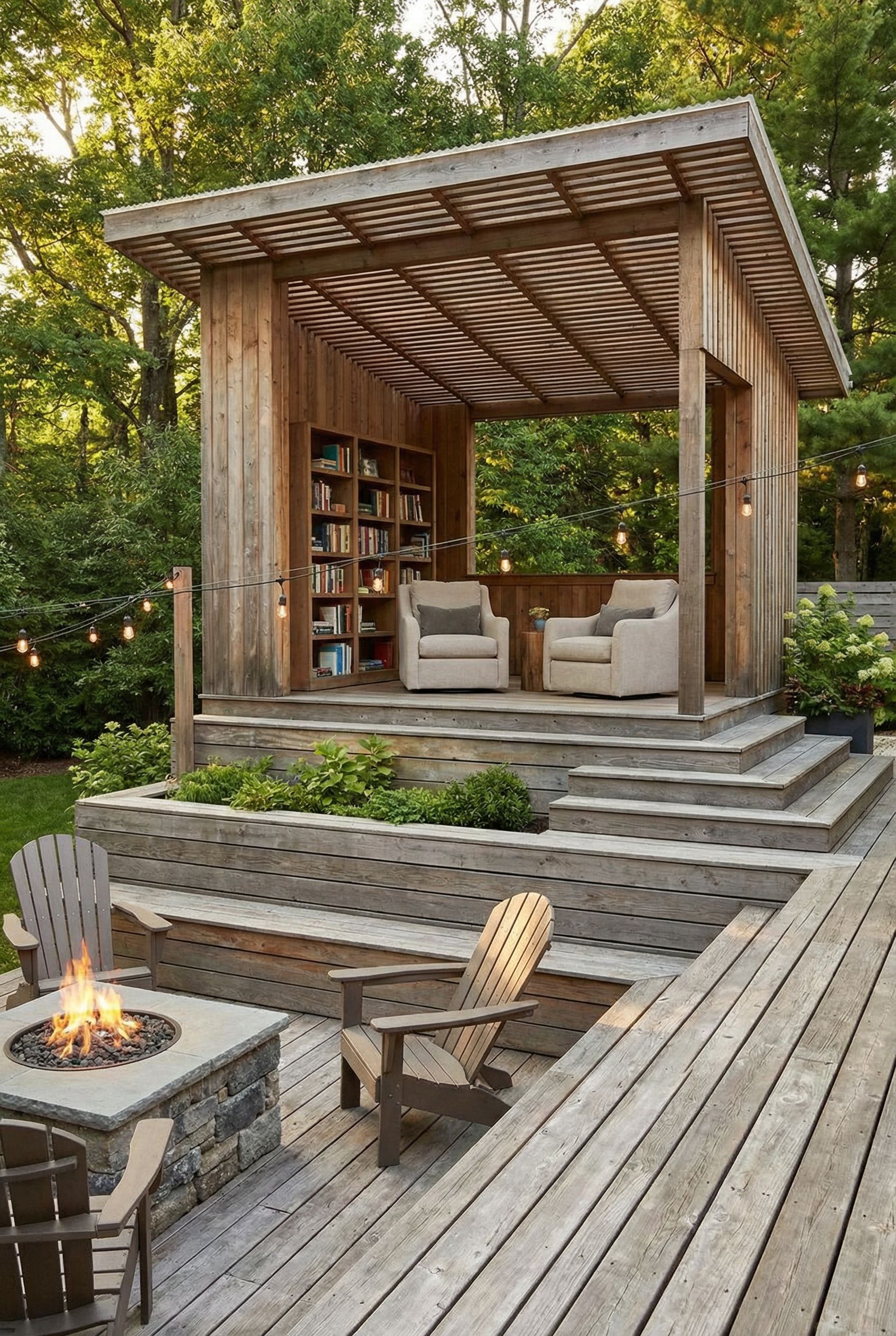 Deck with Covered Reading Alcove and Open-Air Fire Pit Level