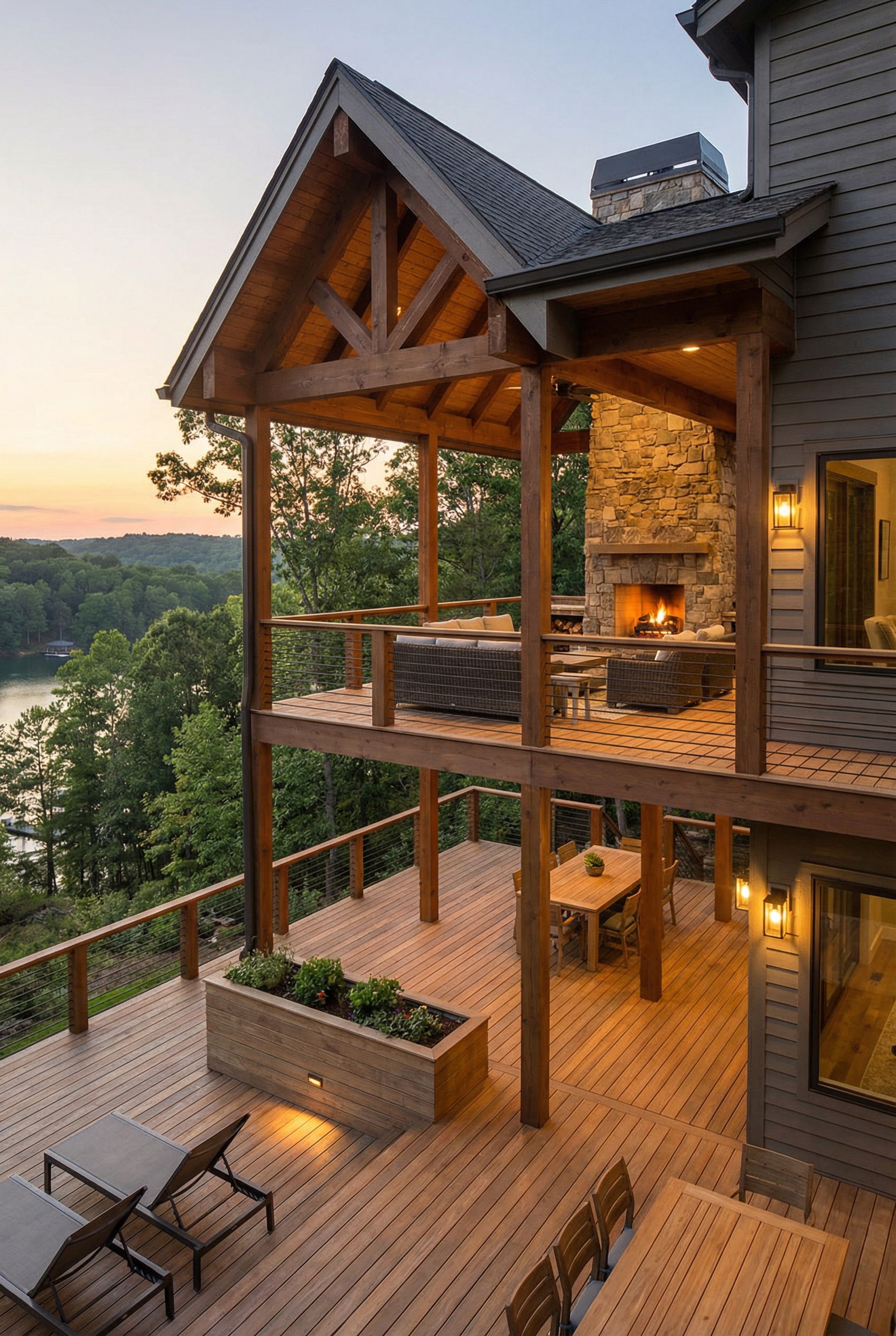 Deck with Covered Upper Fireplace Lounge and Sun Deck Below