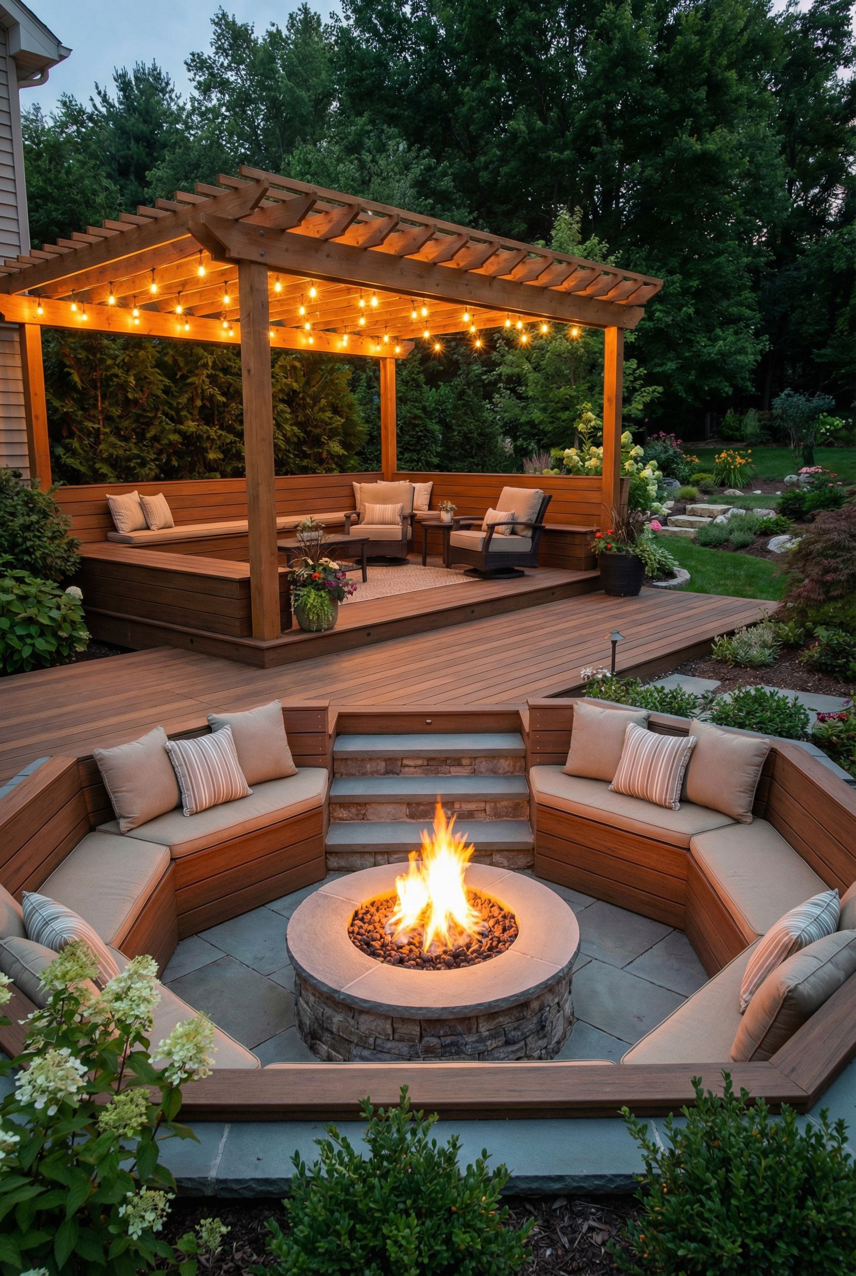 Deck with Covered Upper Lounge and Sunken Fire Pit Seating Below