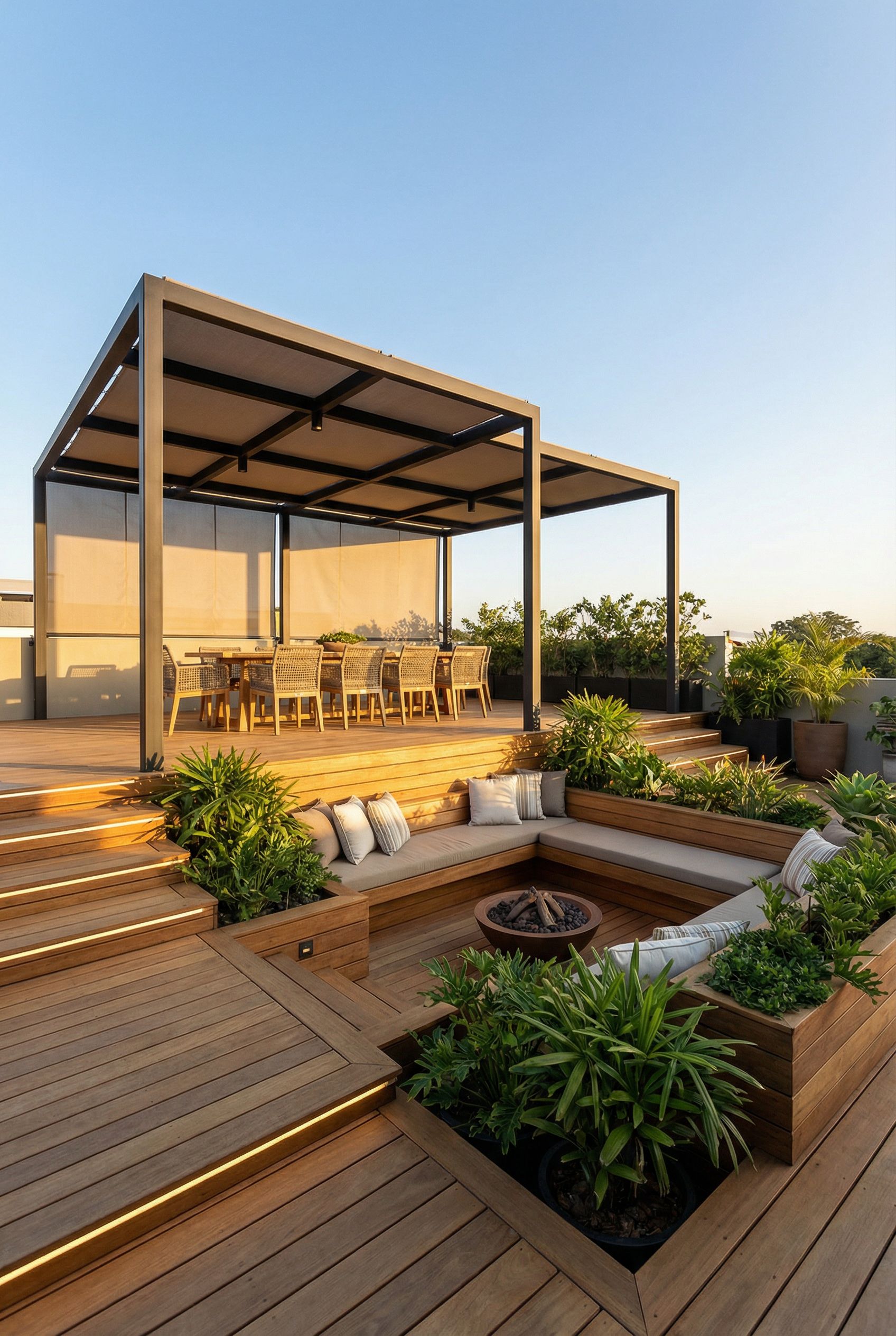 Deck with Elevated Dining Pergola and Sunken Lounge Pit