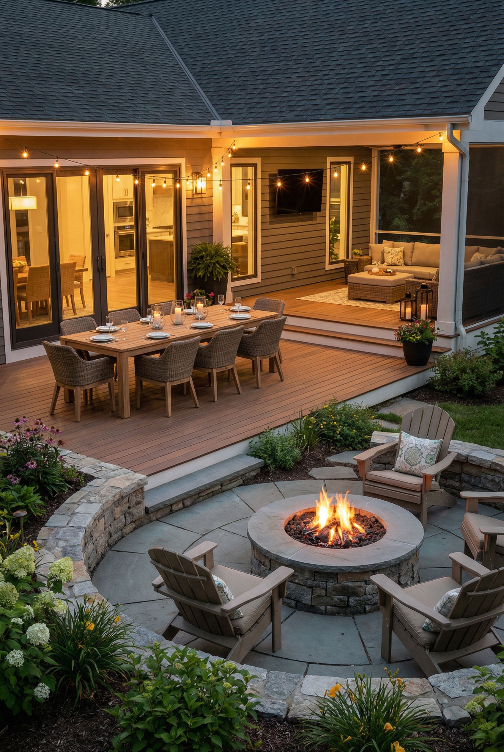 Deck with Elevated Dining Terrace and Lower Stone Fire Pit Circle