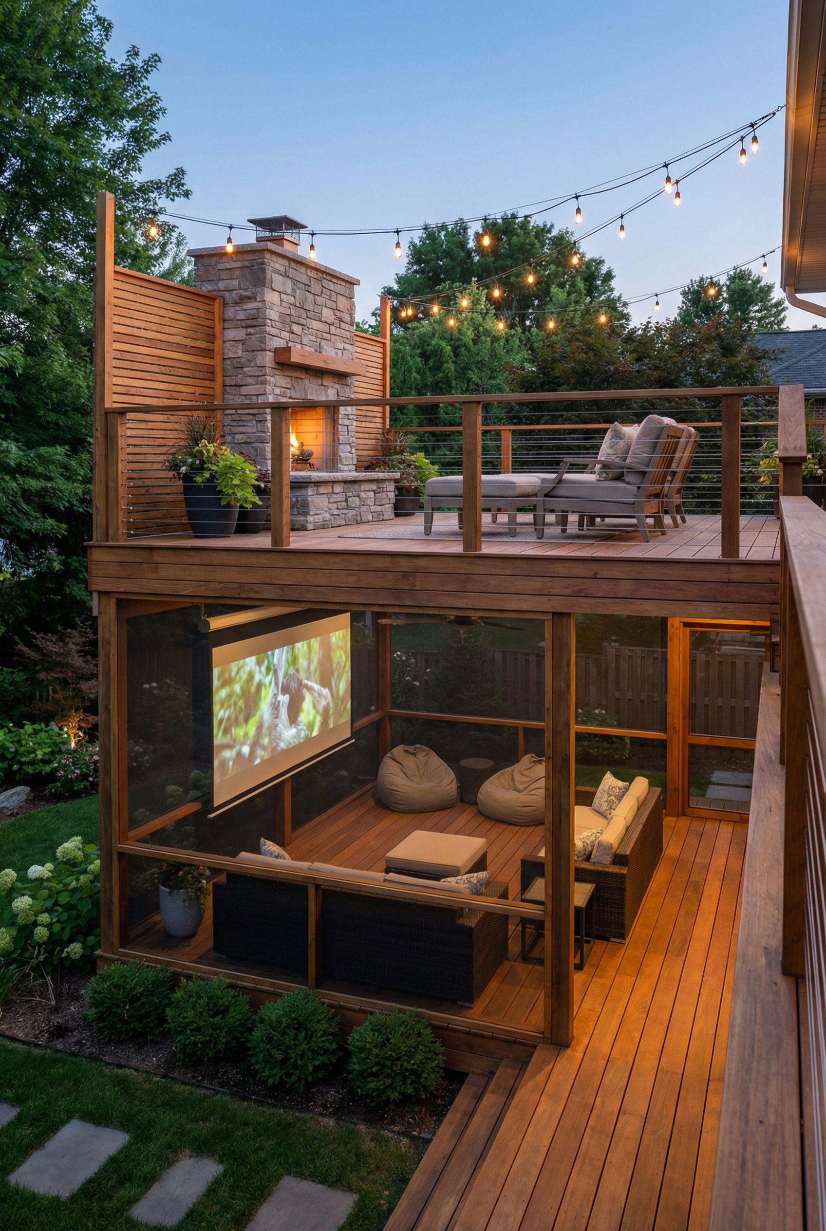 Deck with Lower-Level Movie Lounge and Upper Fireplace Zone