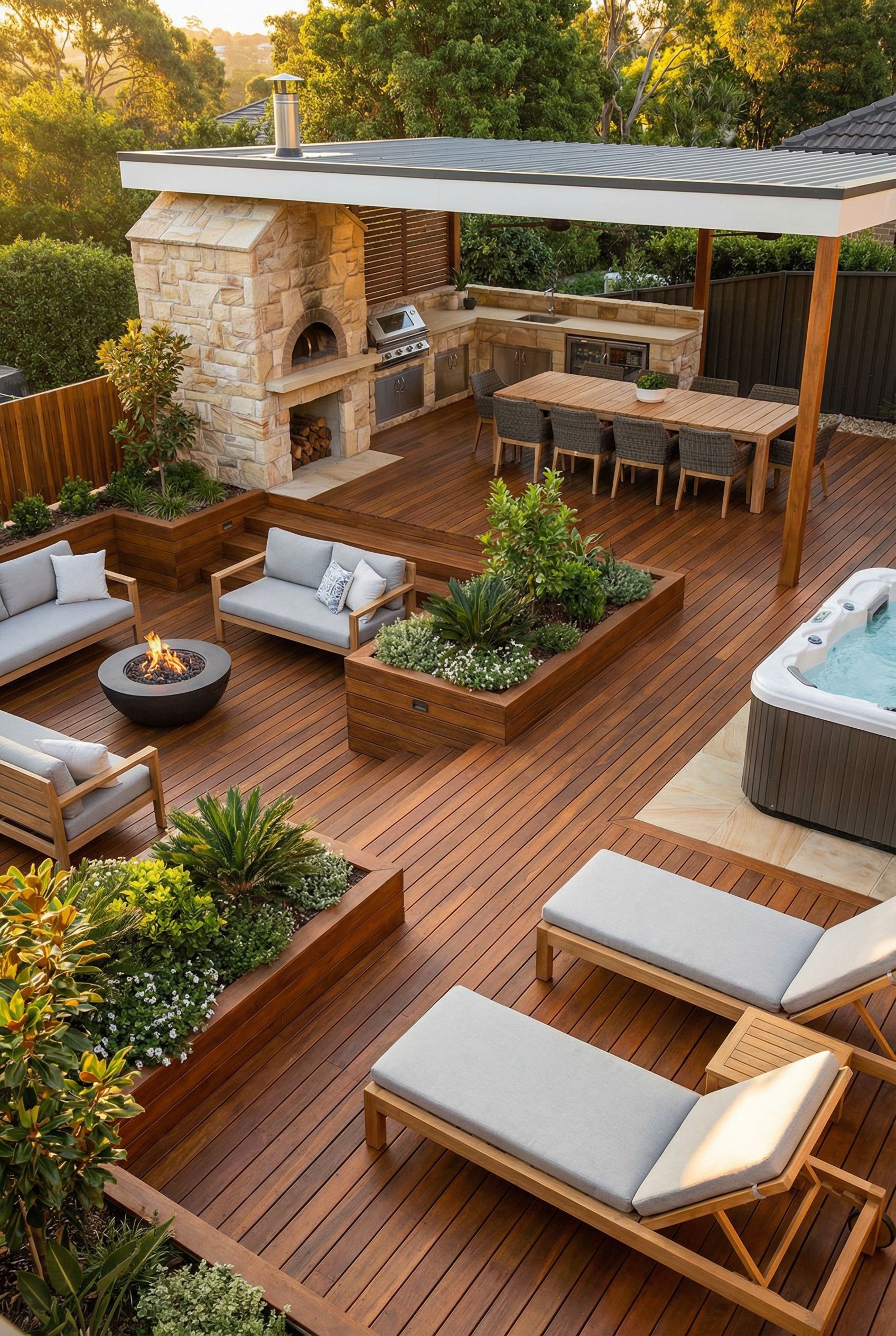 Deck with Multi-Level Lounge Zones and Pizza Oven Terrace