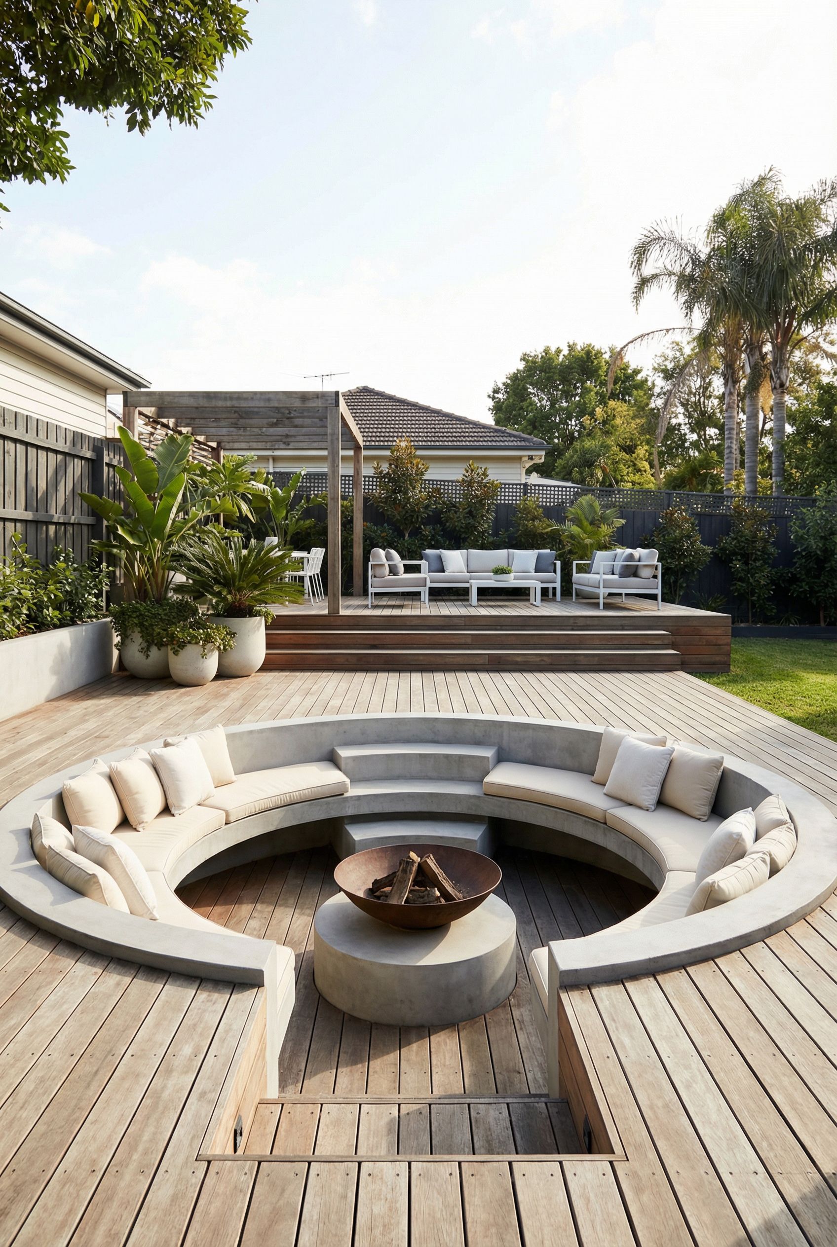 Deck with Sunken Conversation Pit and Elevated Garden Lounge