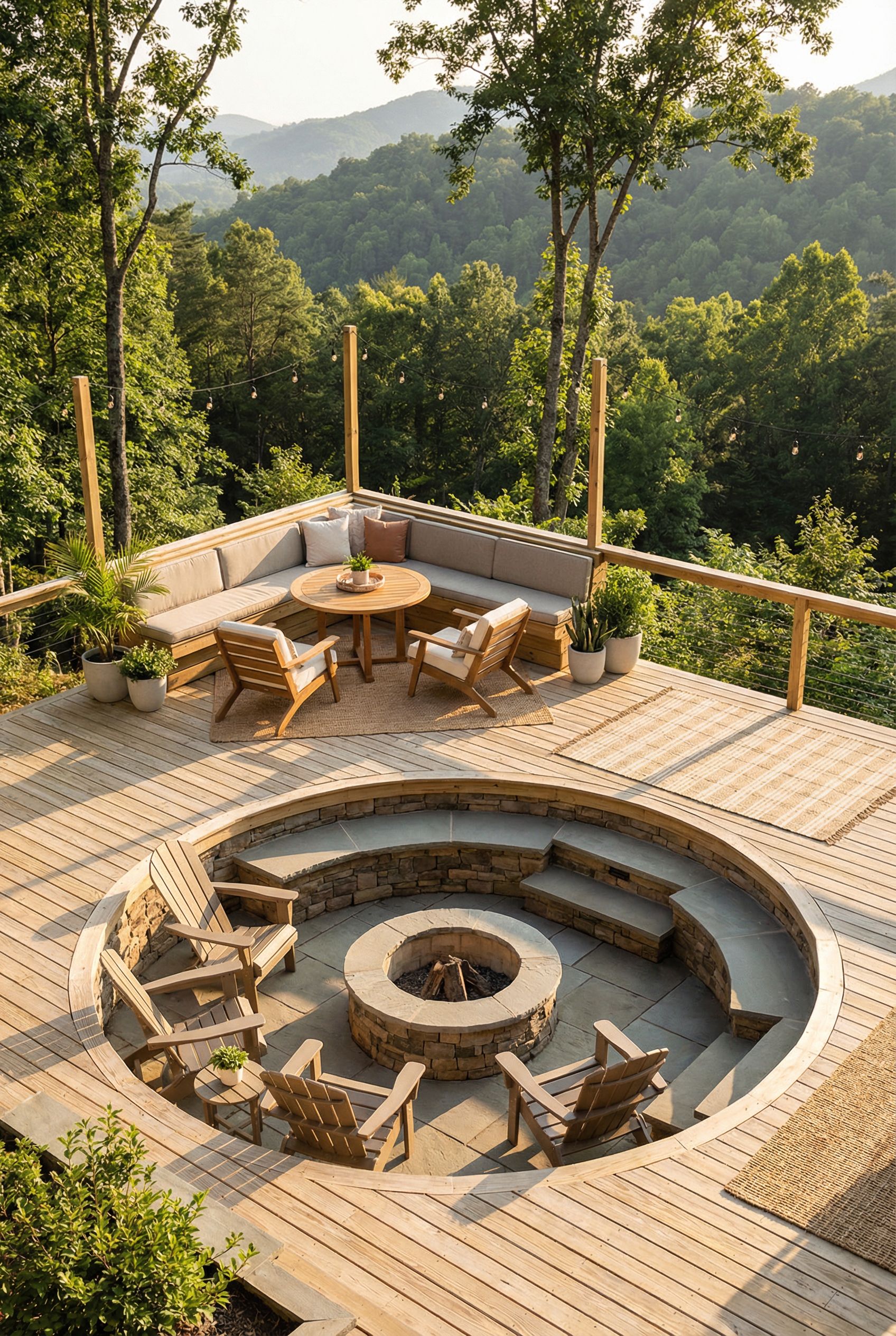Deck with Upper Coffee Nook and Lower Fire Pit Conversation Pit