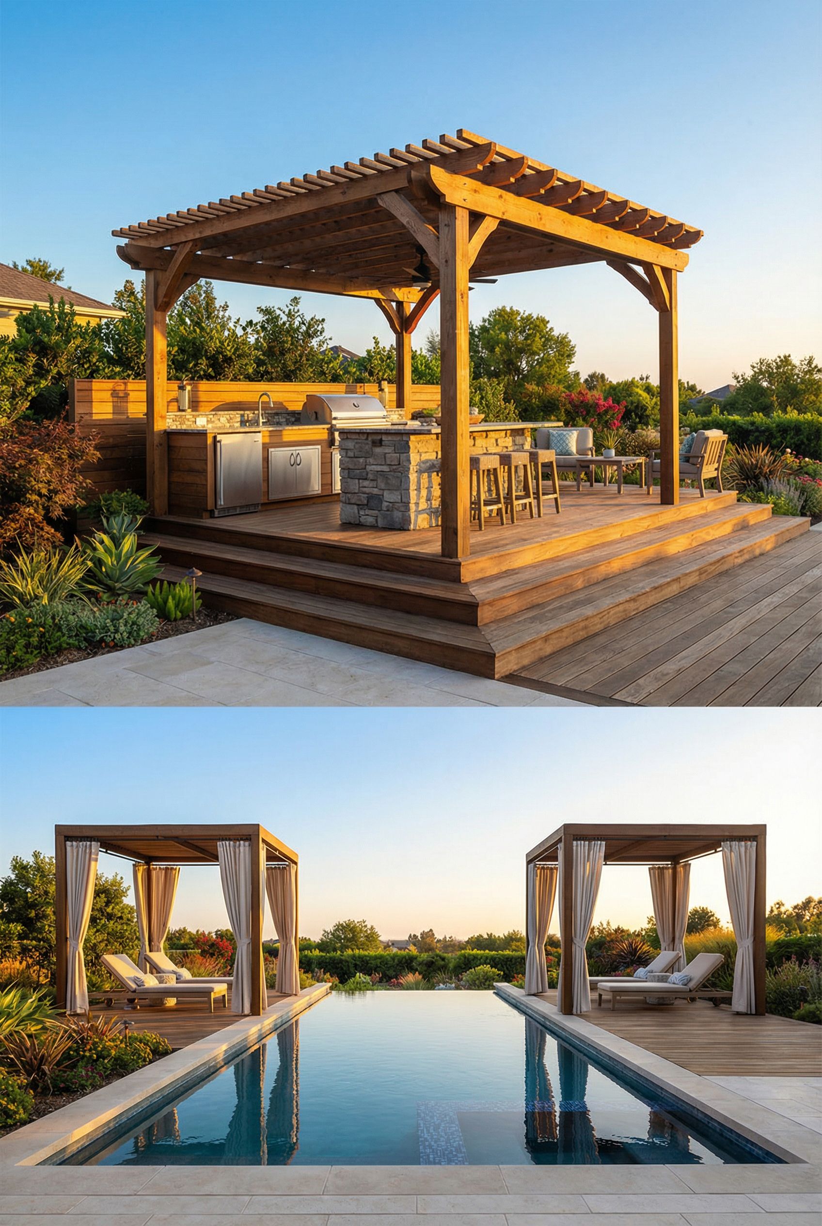 Deck with Upper Outdoor Kitchen and Lower Poolside Cabanas