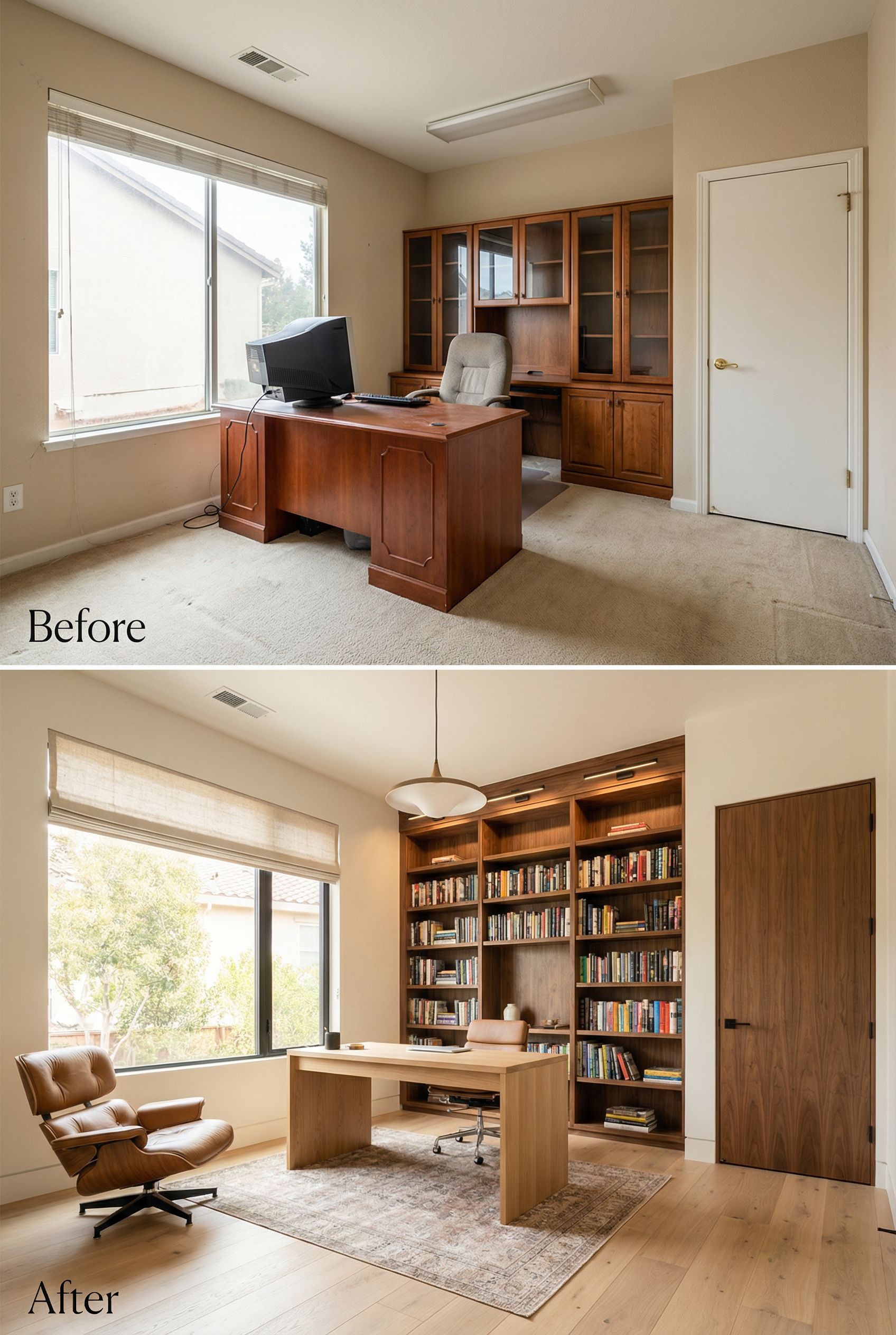 Desert-Inspired California Modern Home Office with Earth-Tone Bookshelves and Organic Stone Accents
