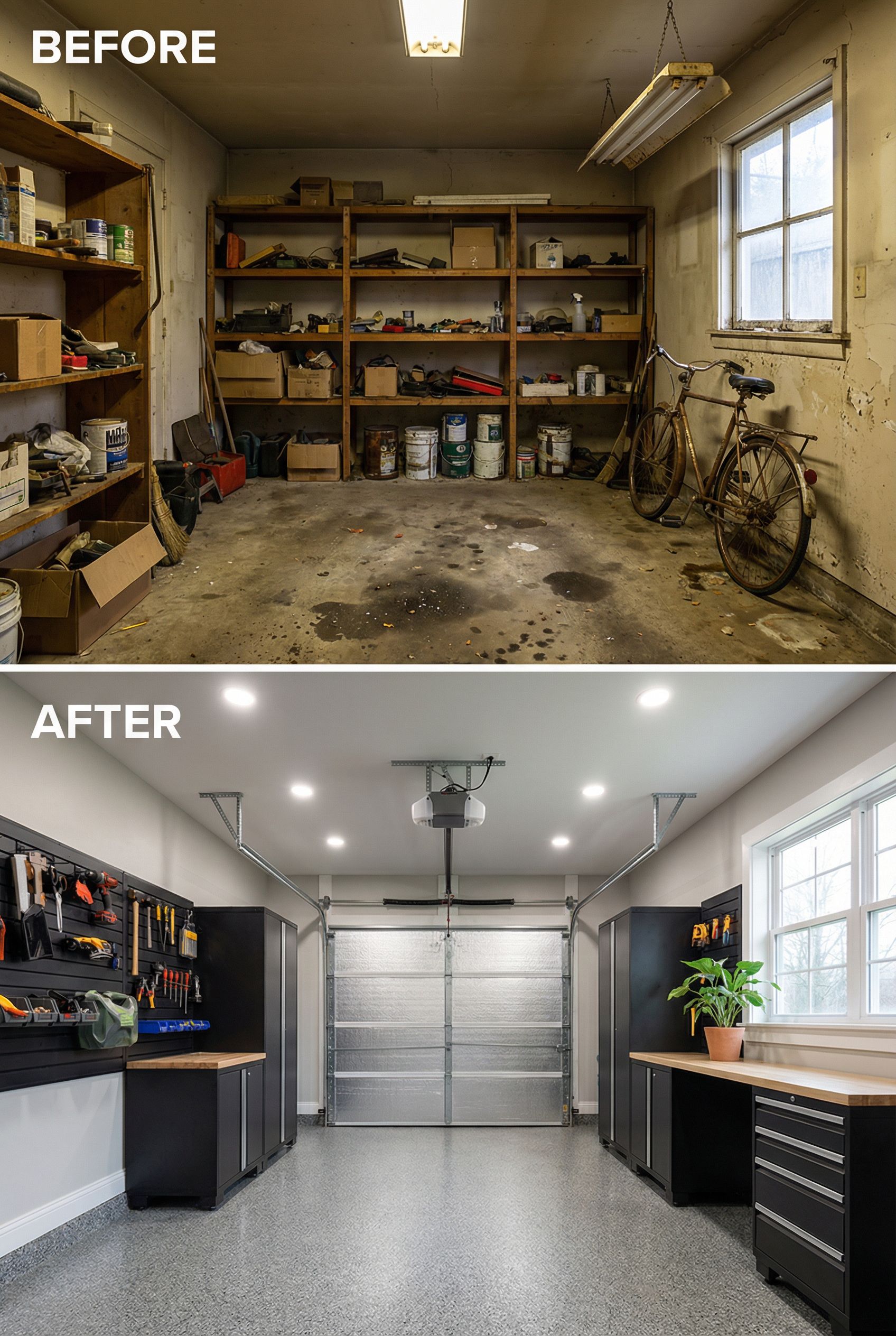 Dim Fluorescent Garage → LED-Lit Modern Maker Space
